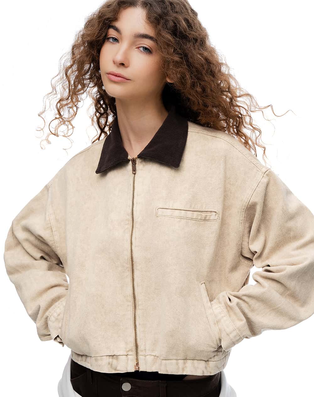 Chaqueta regular denim habano mujer