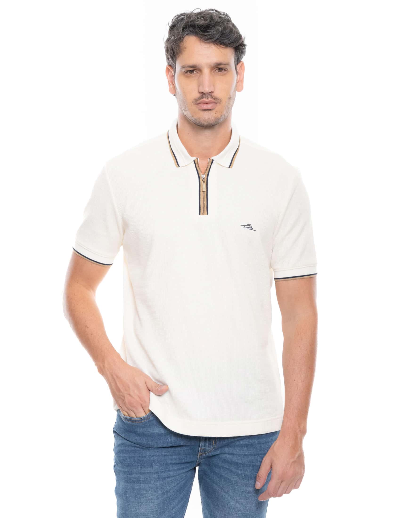 Polo Slim Fit Con Puños Y Perilla Tejida Crudo