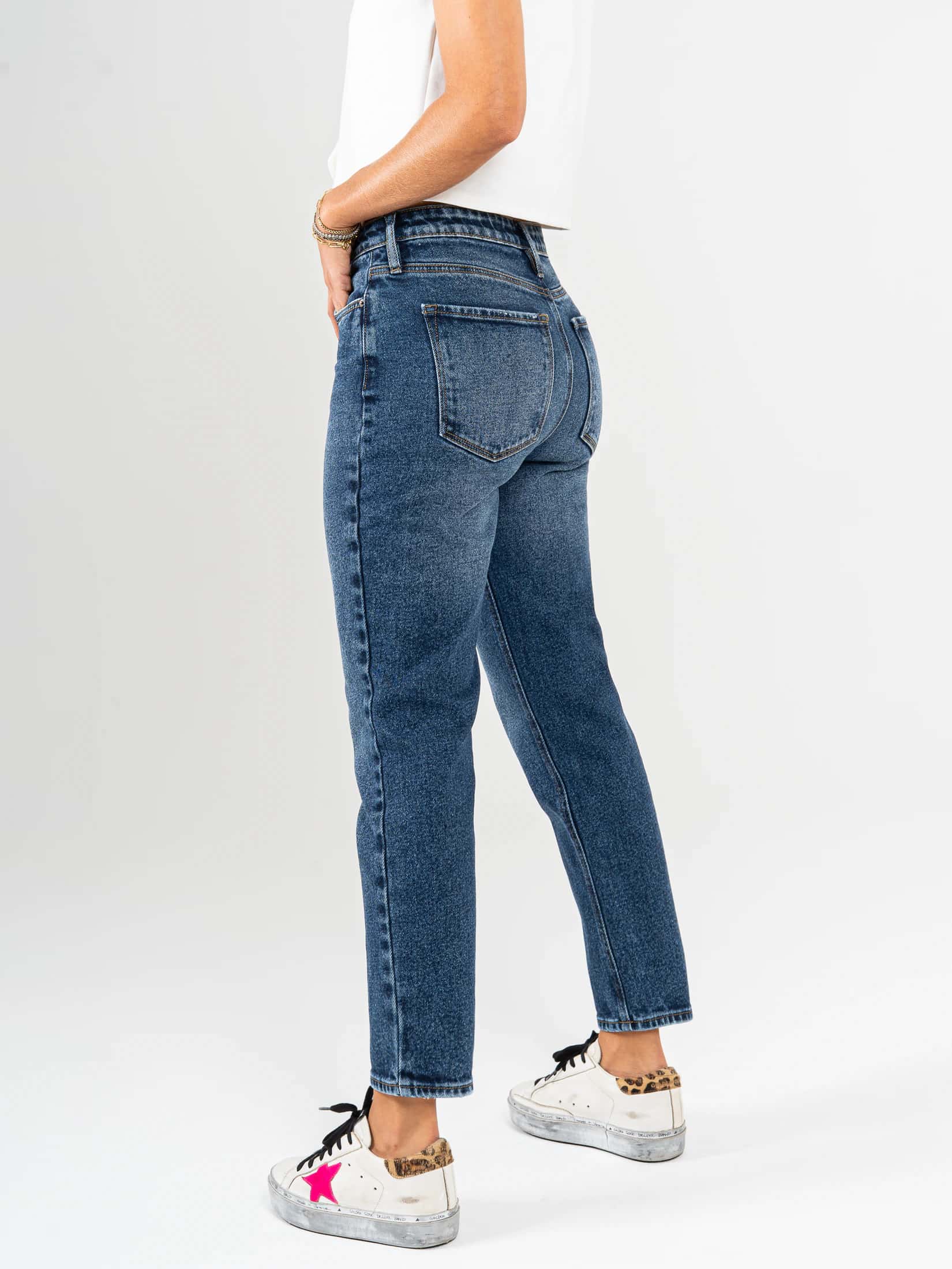 Ref: 065577 Jean Mom fit, slim cropped, stretch, tiro alto, tono azul oscuro - miniatura 2