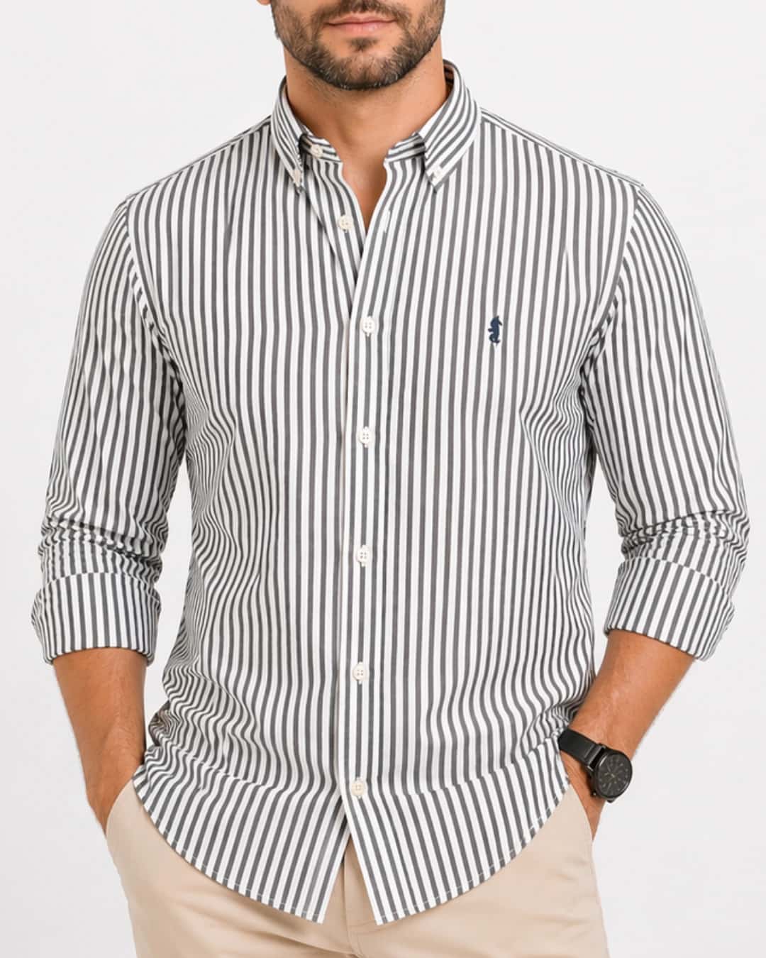 Camisa 100% Algodón Manga Larga Blanca Rayas Grises - miniatura 3