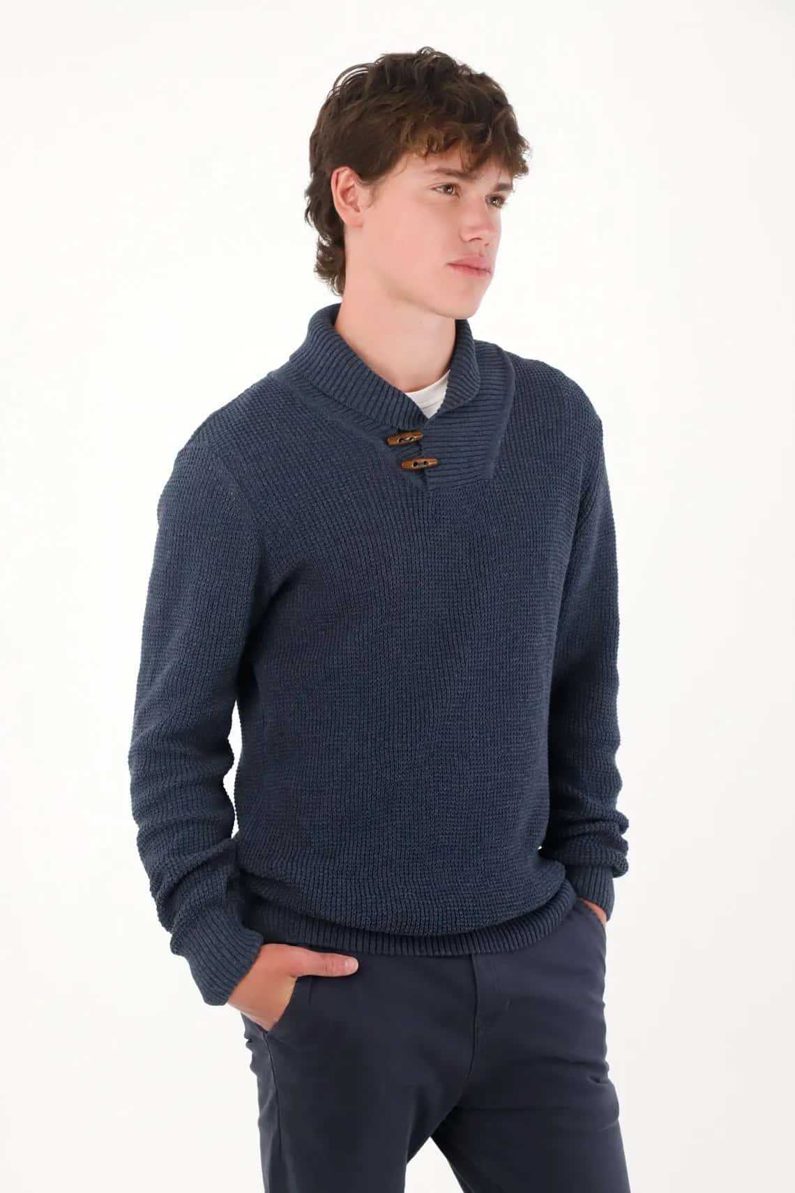 Buzo tejido manga larga azul para hombre