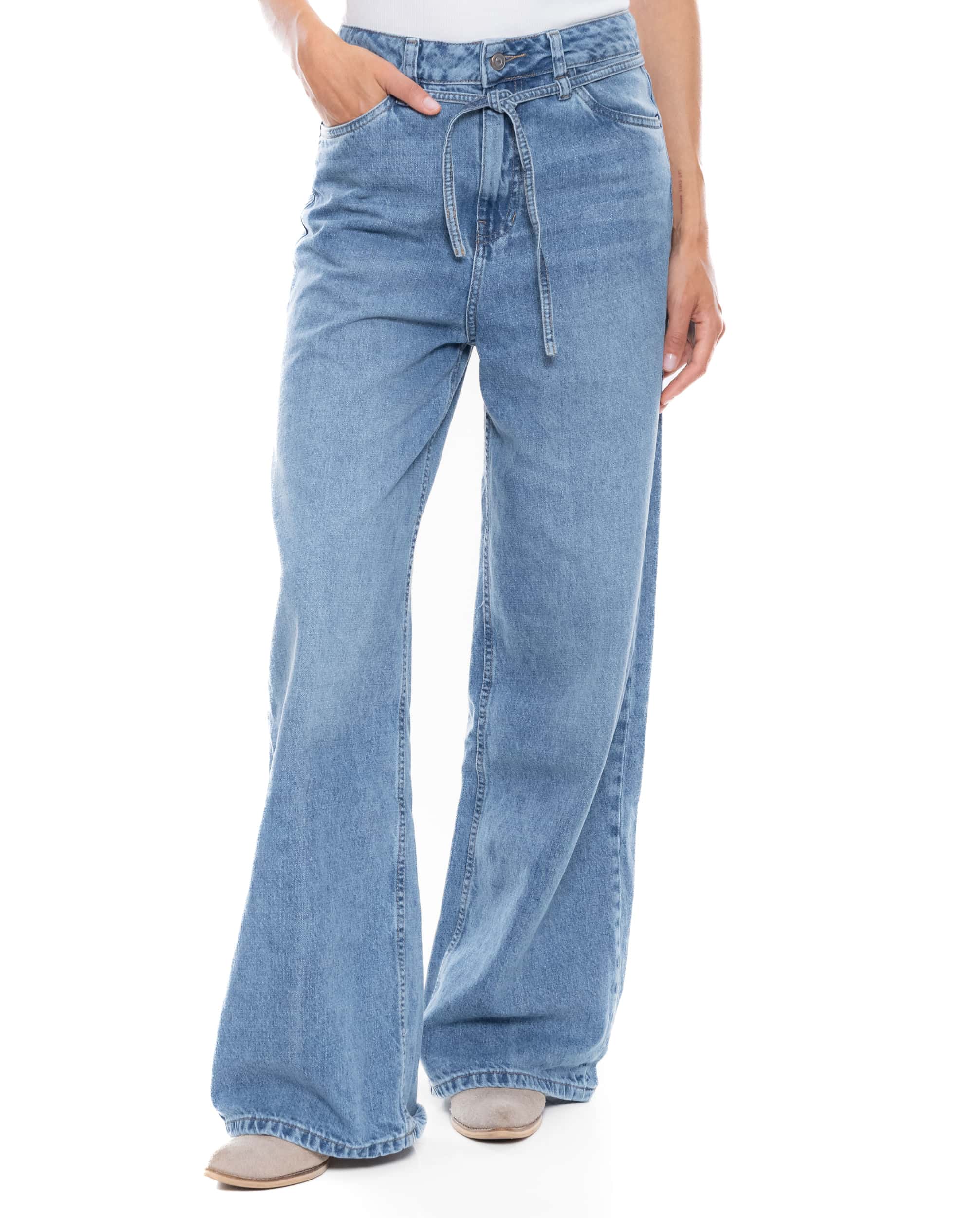 Jeans Wide Leg Tiro Alto Azul Con Cinturón