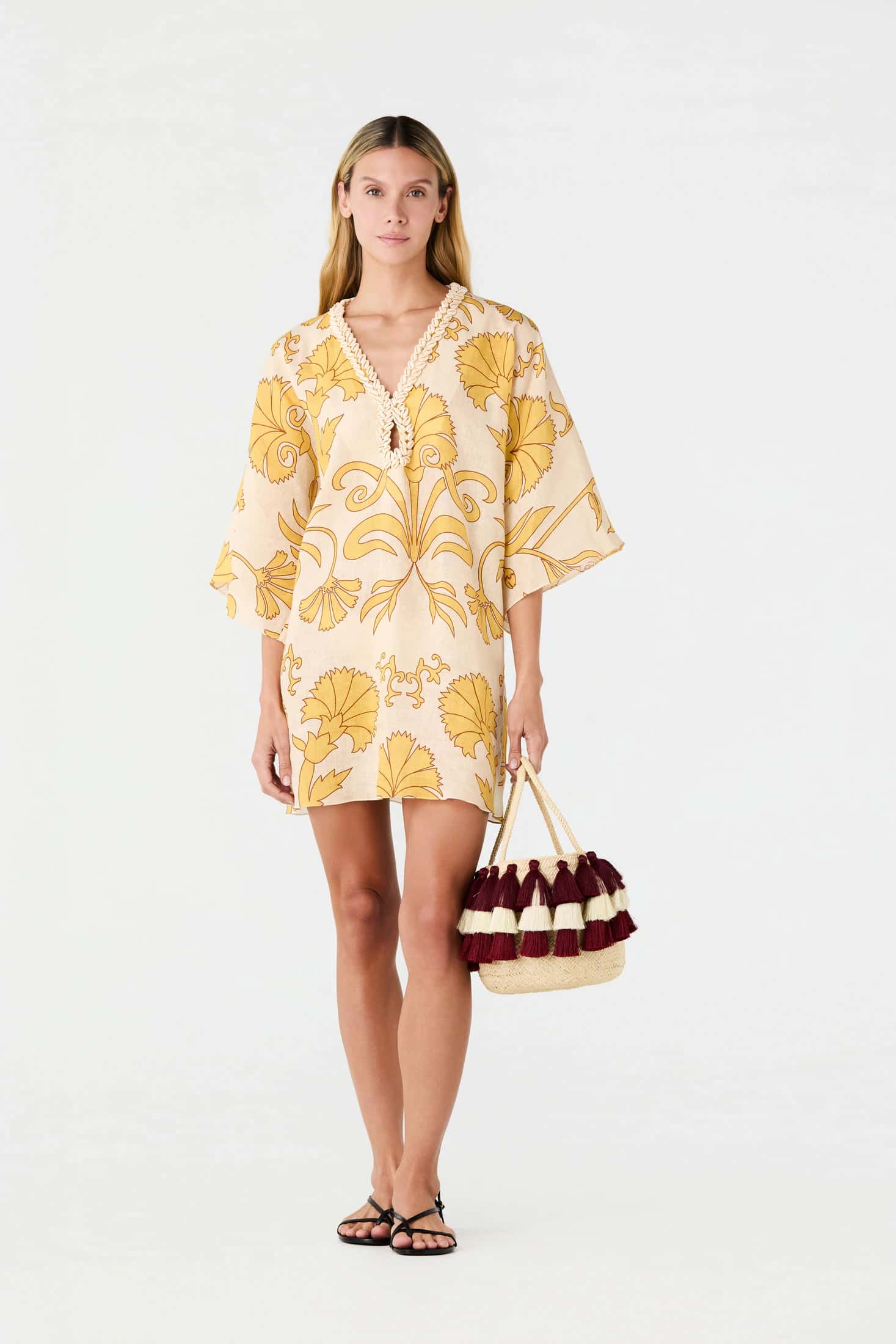 Andina Hand-Embroidered Linen Mini Tunic / Yellow Flowers