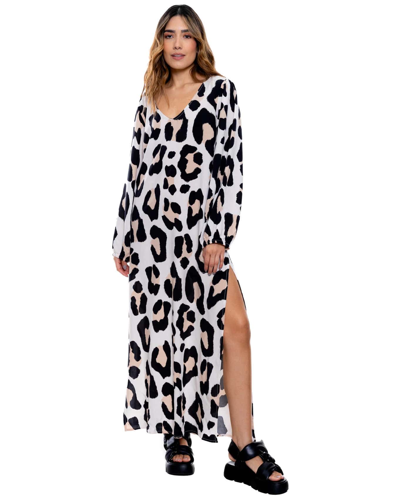 Maxi Vestido Manga Larga En Animal Print