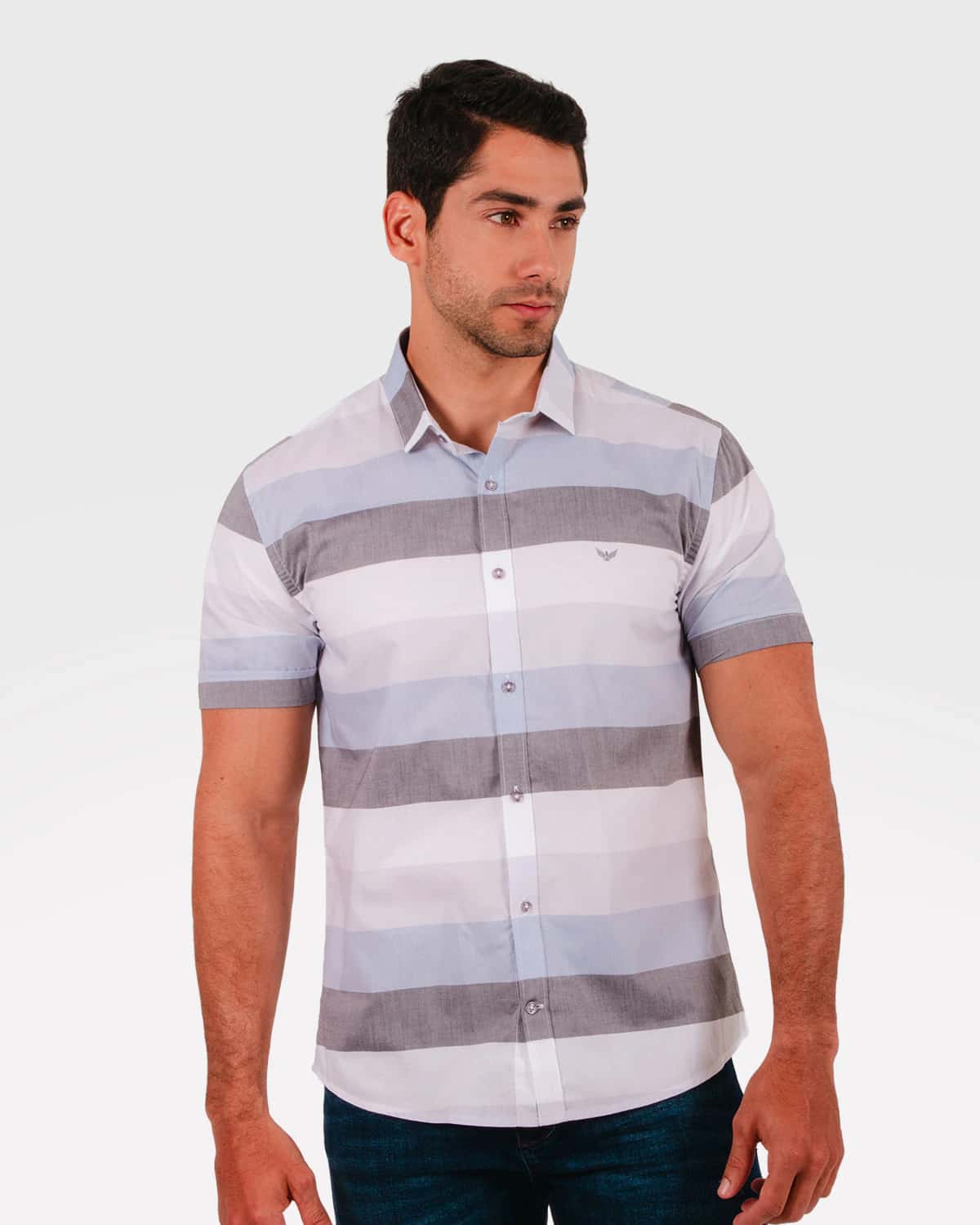 Camisa gris de rayas manga corta para hombre