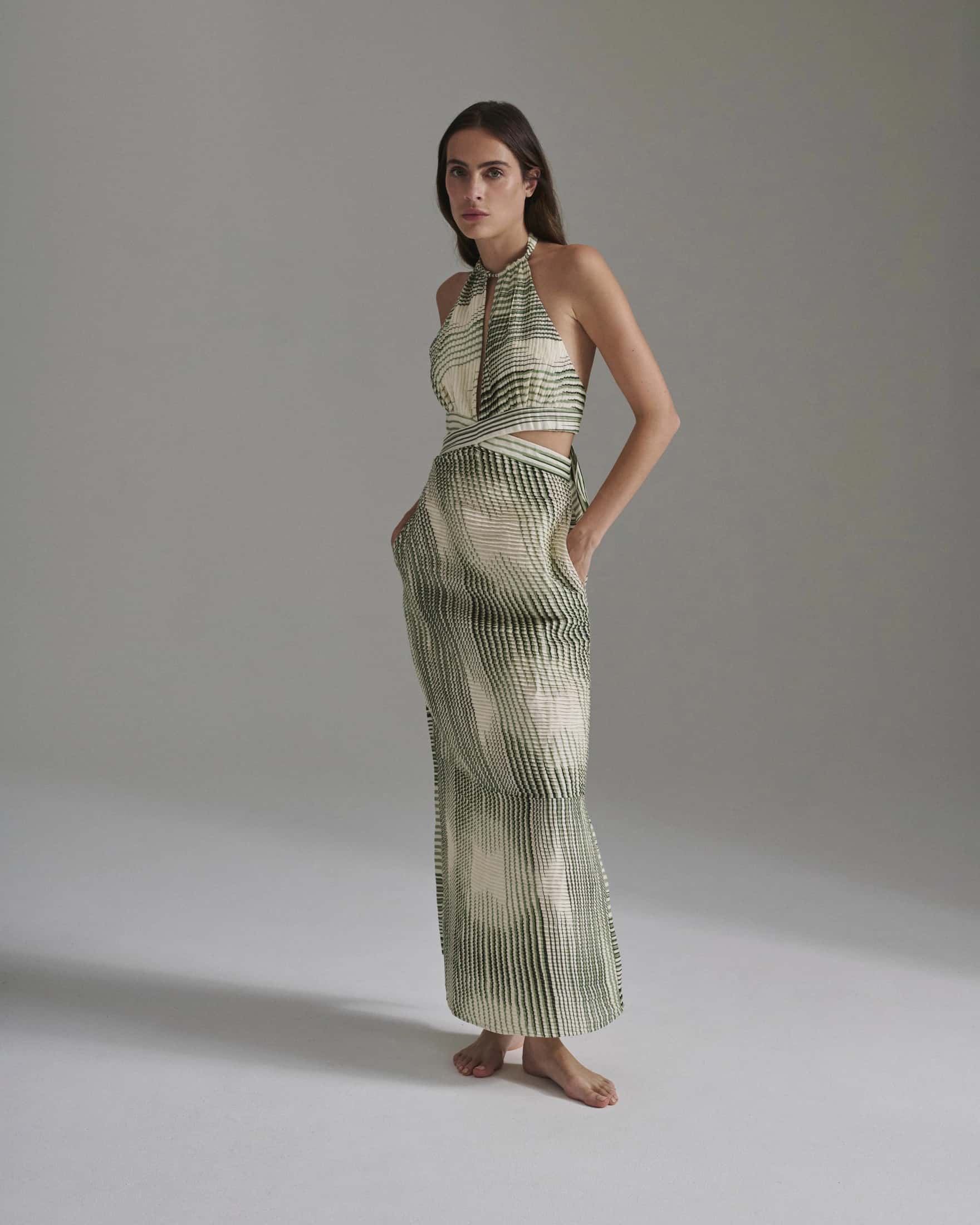 San Agustin Pleated Linen Midi Dress / Green Stripes