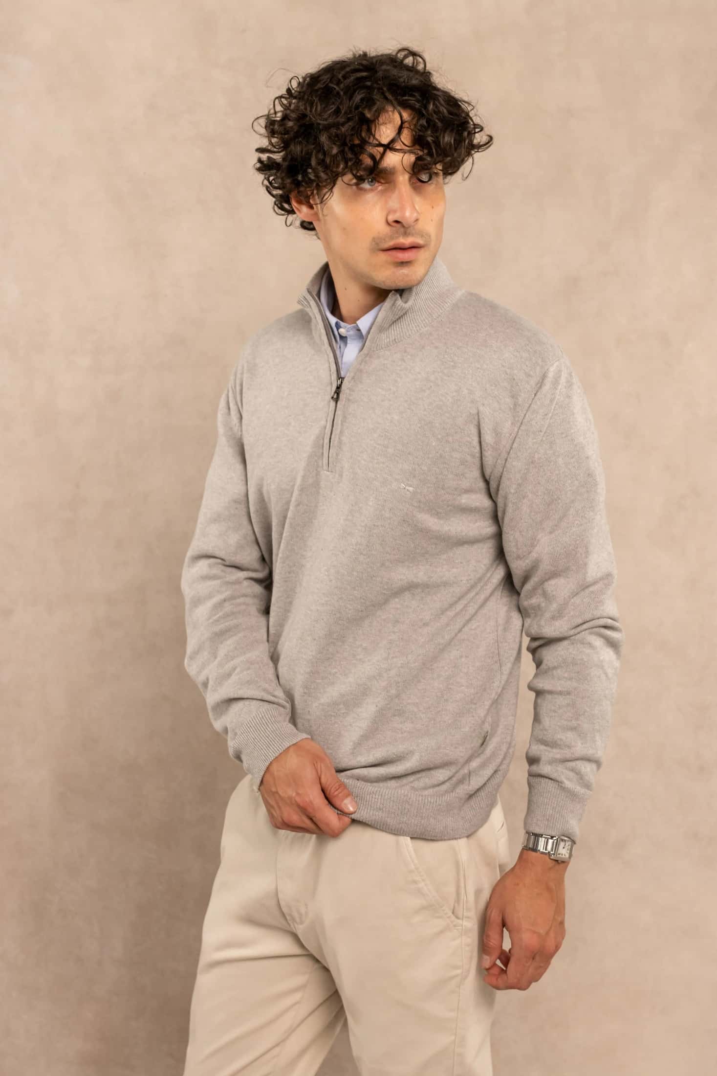 Halfzip Algodon Peinado Antiarrugas Gris Claro