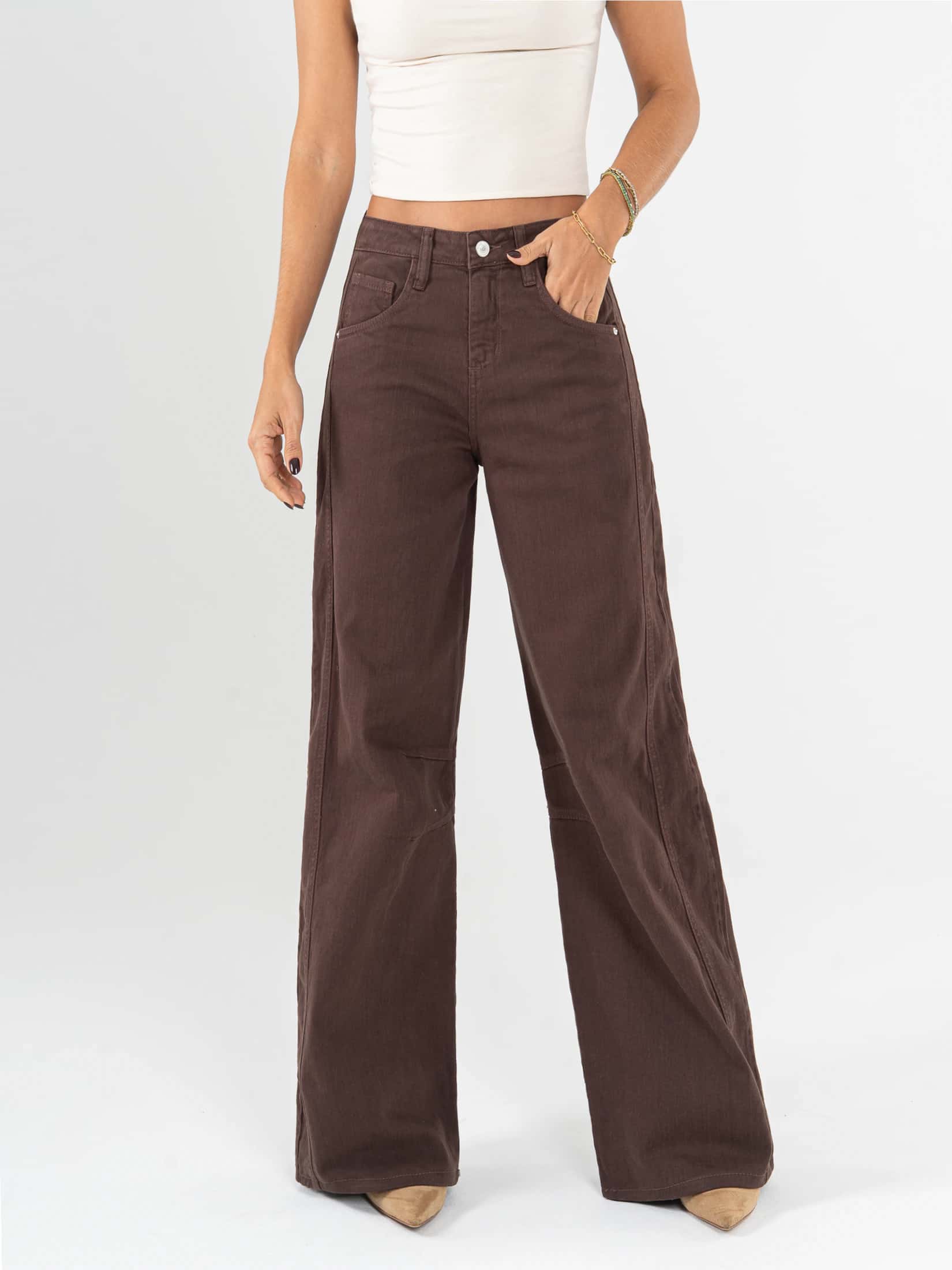 Ref: 0620532 Pantalón wide leg, tiro alto, con cortes, stretch, tono cafe.