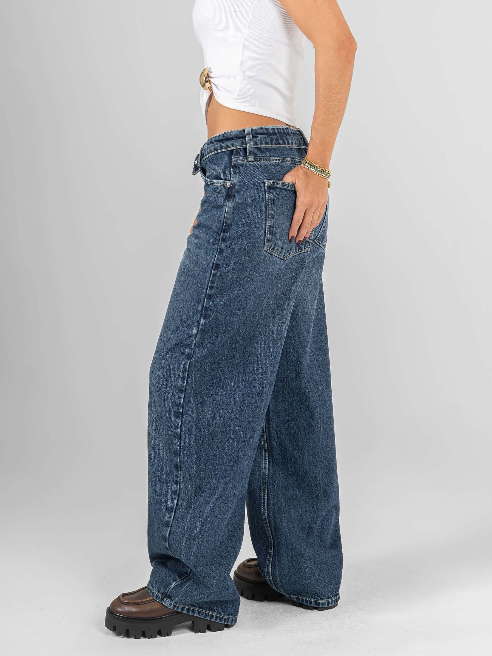 Ref: 066633 Jean wide leg, rígido, tiro medio, detalle en pretina, tono azul oscuro - miniatura 2
