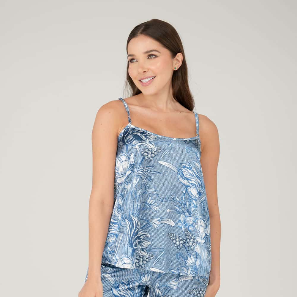 Camisa Satin Tiras con Estampado Denim.