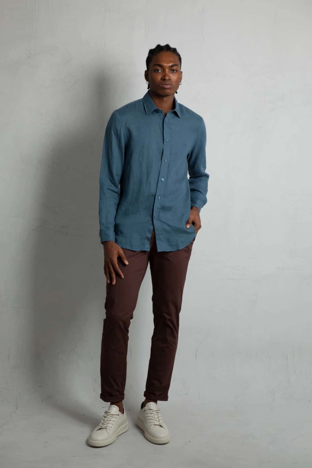 Camisa Manga Larga Lino Azul