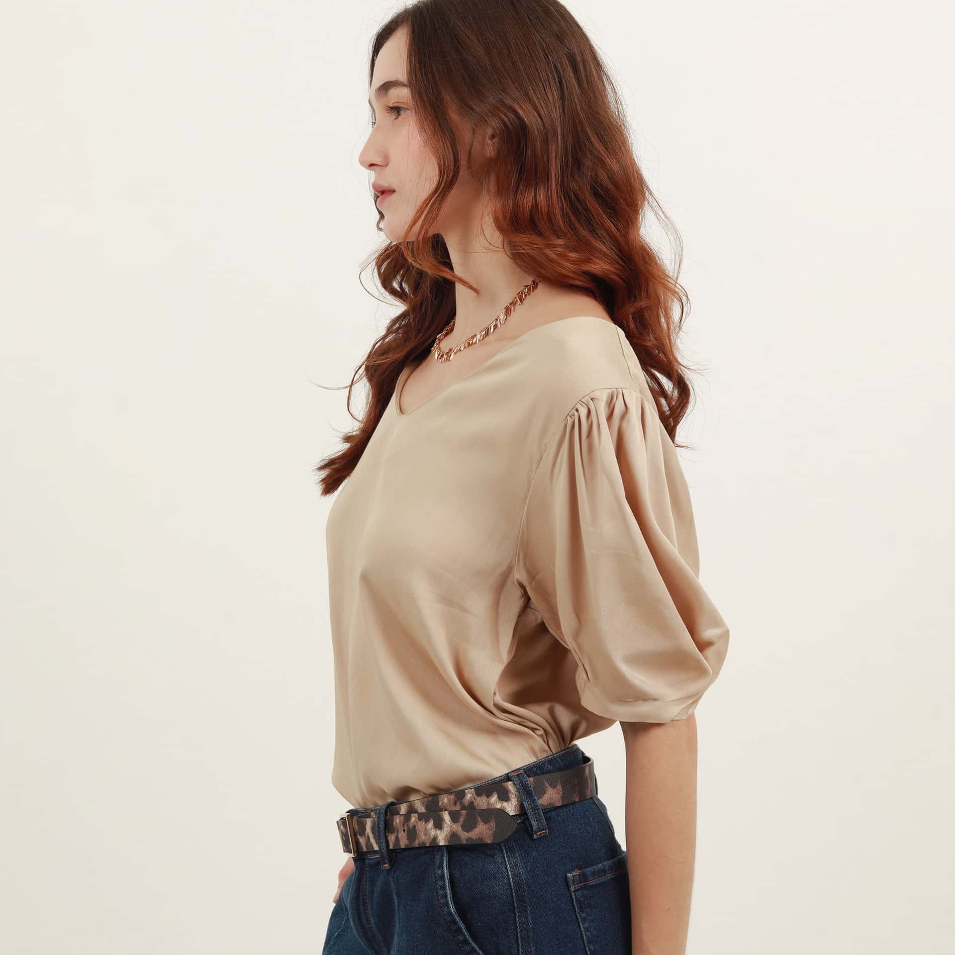 Blusa cuello en v manga corta globo - miniatura 3