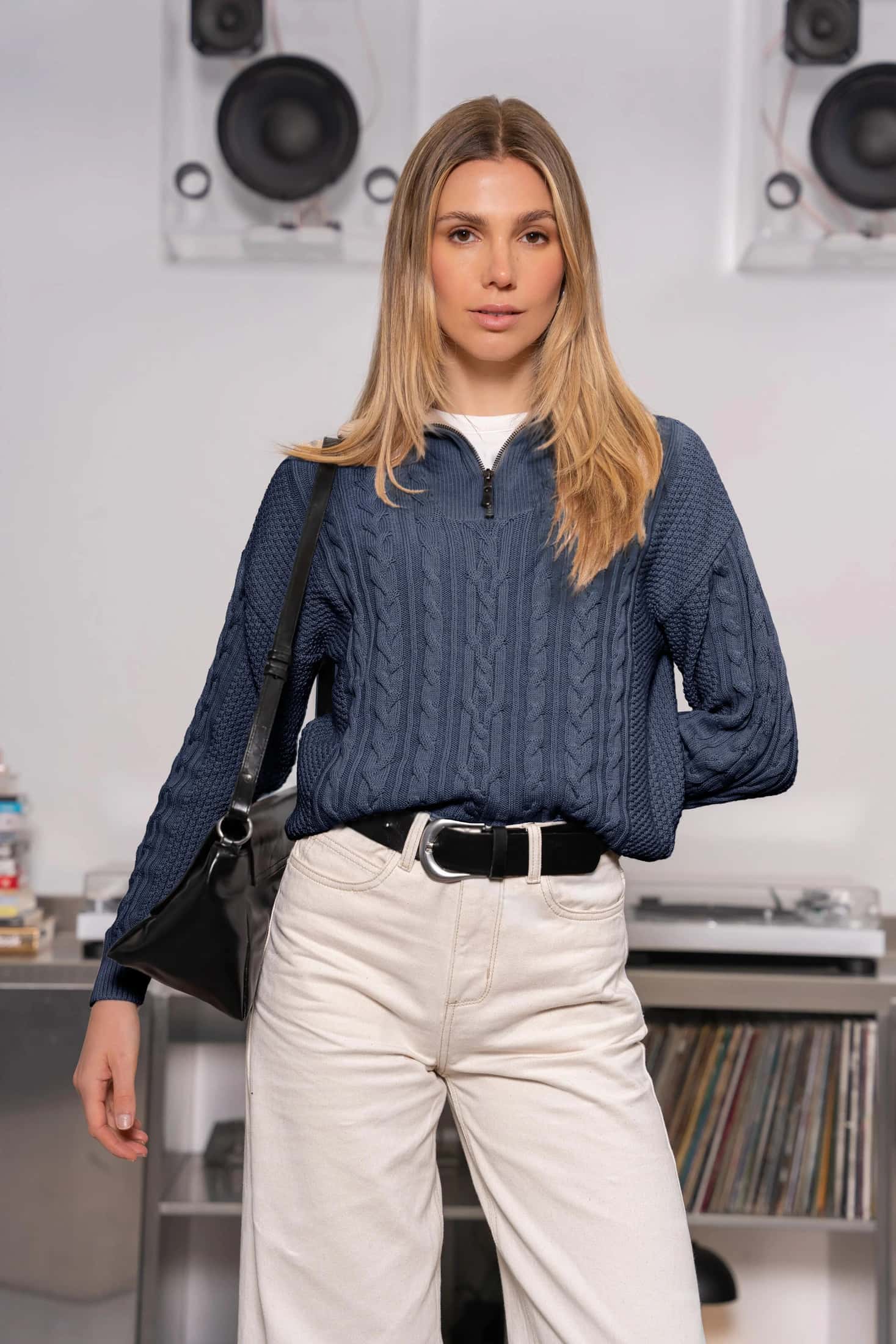 Suéter Halfzip Trenzado Algodón Mujer Azul Navy - miniatura 1