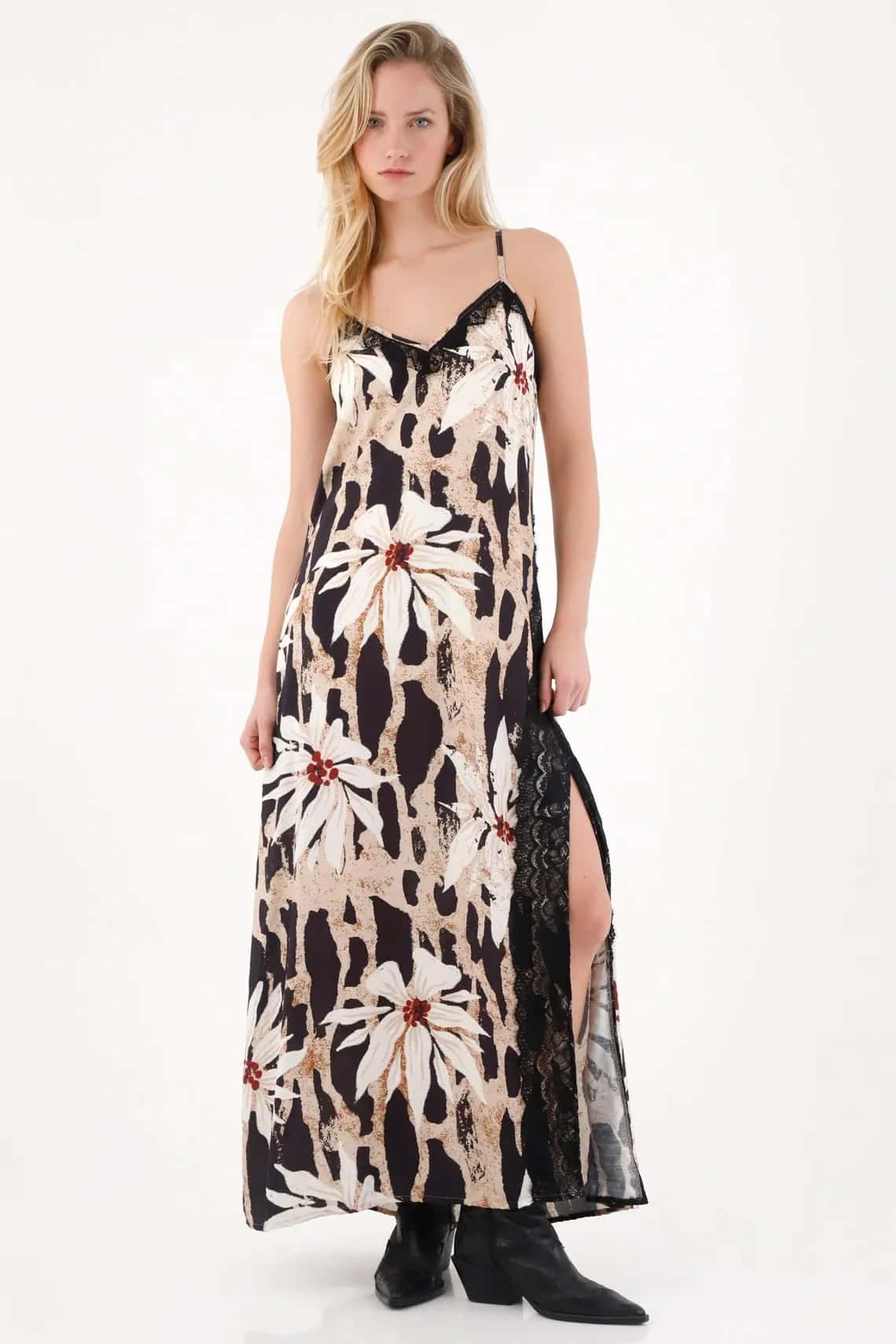 Vestido largo de flores con encaje para mujer