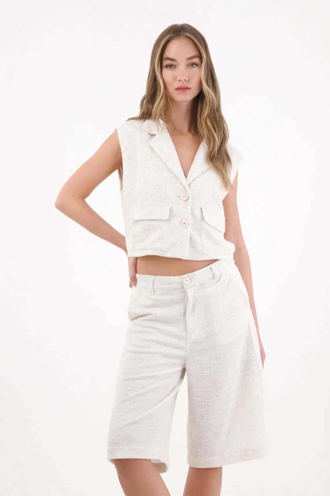 Bermuda larga en tweed blanca para mujer