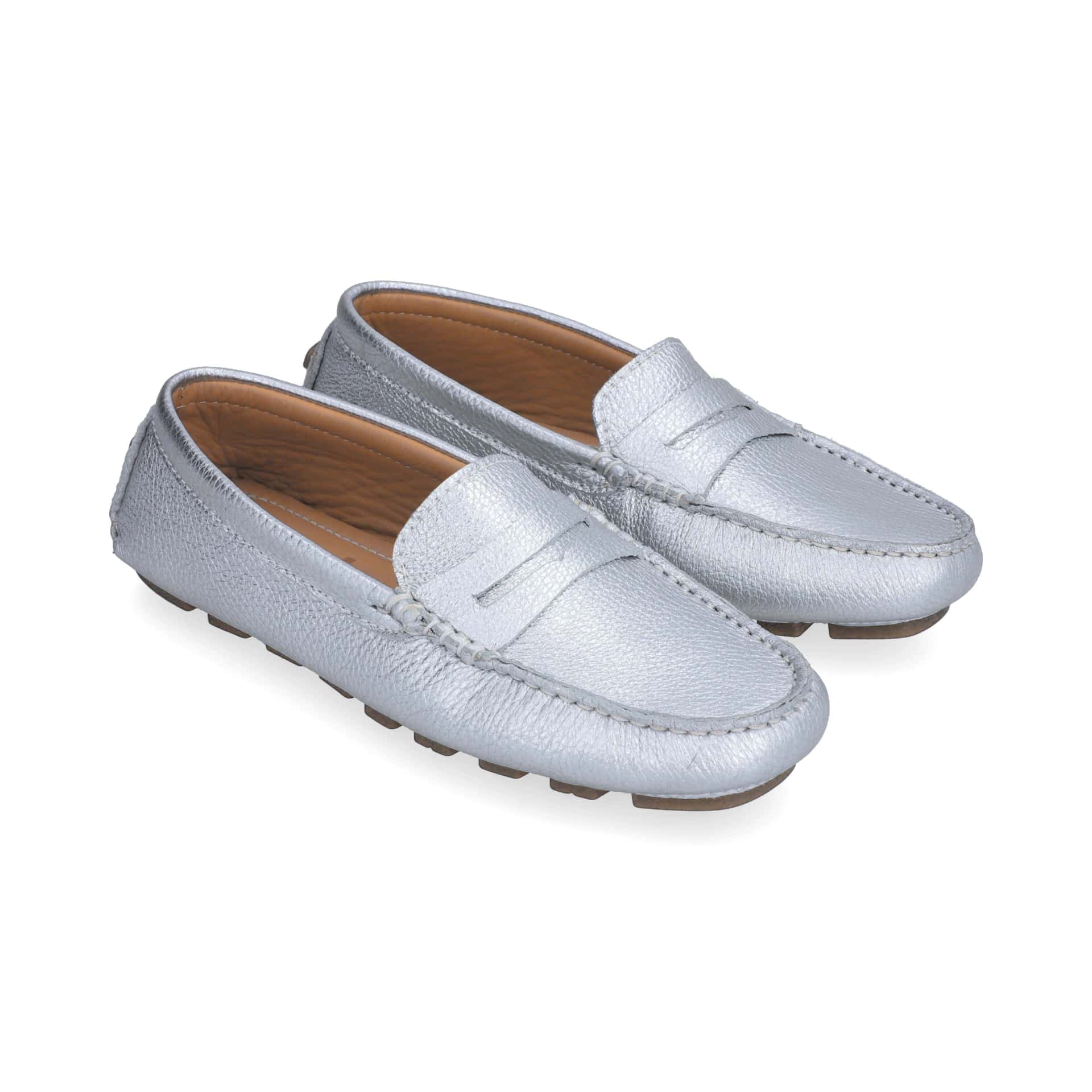 Mocasines Mujer Penny Cuero Metalizado Plateado Argenta - miniatura 1