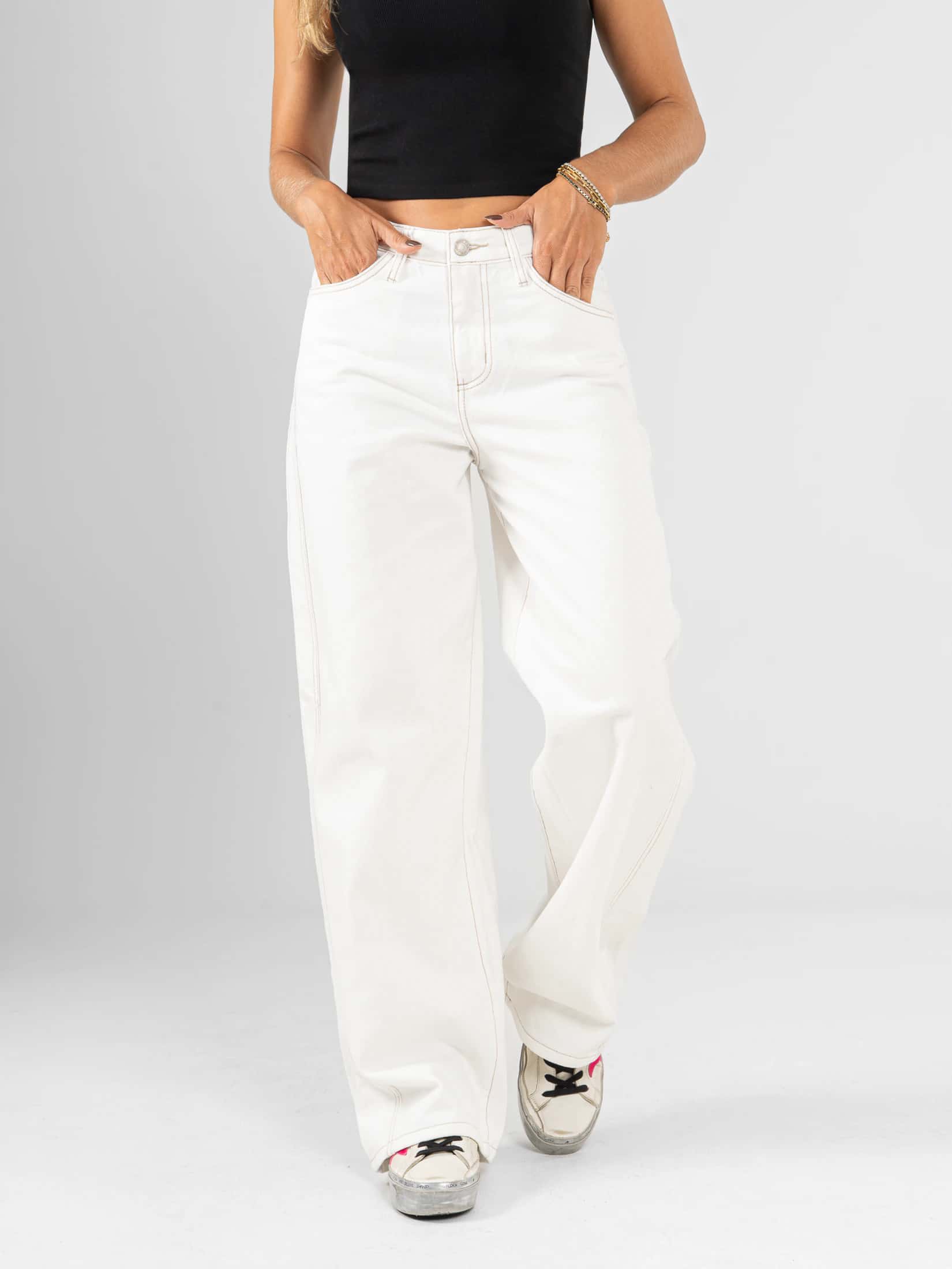 Ref: 0620464 Pantalón wide leg, rígido, tiro alto, tono ivory