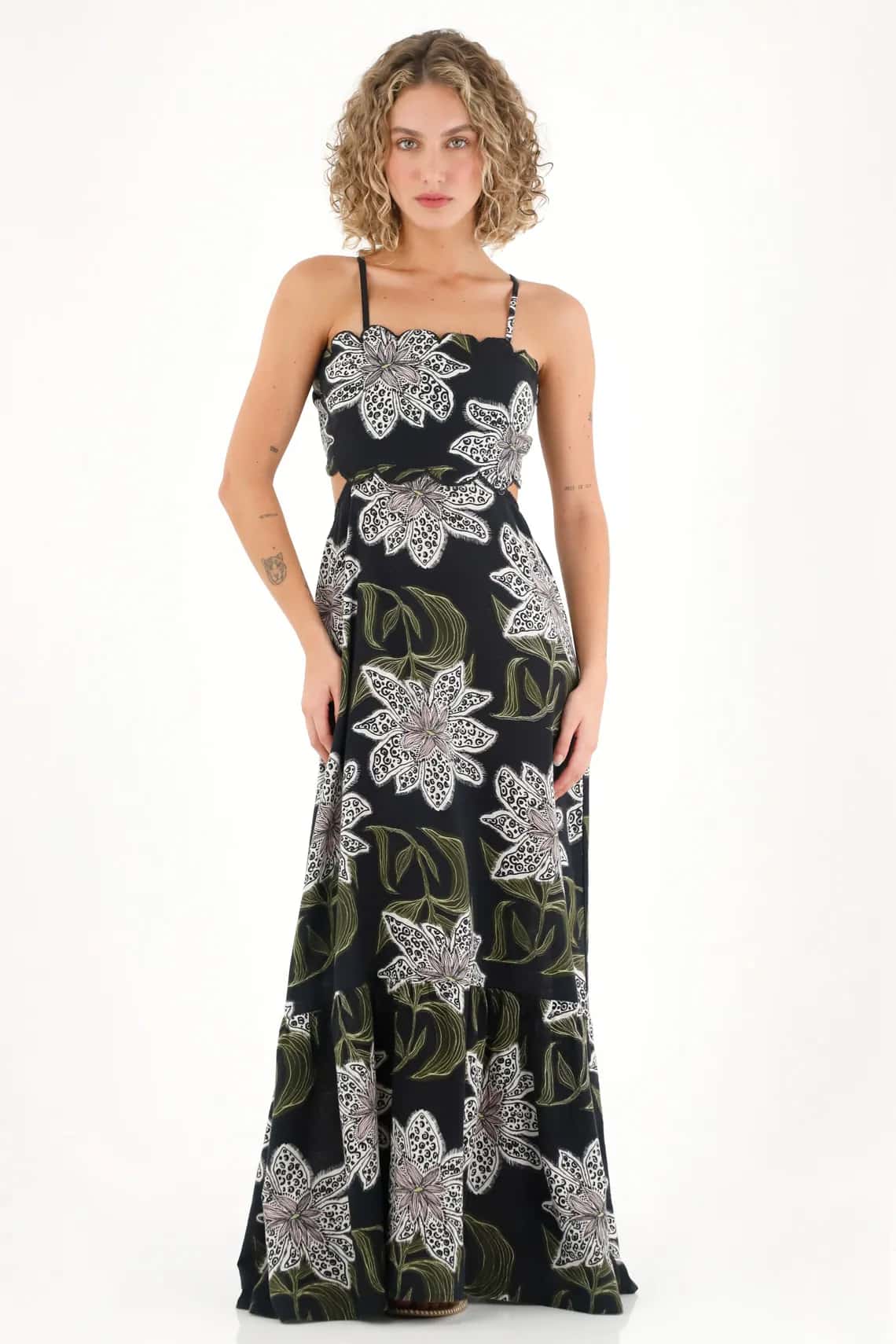 Vestido largo con estampado y cut out en cintura negro para mujer