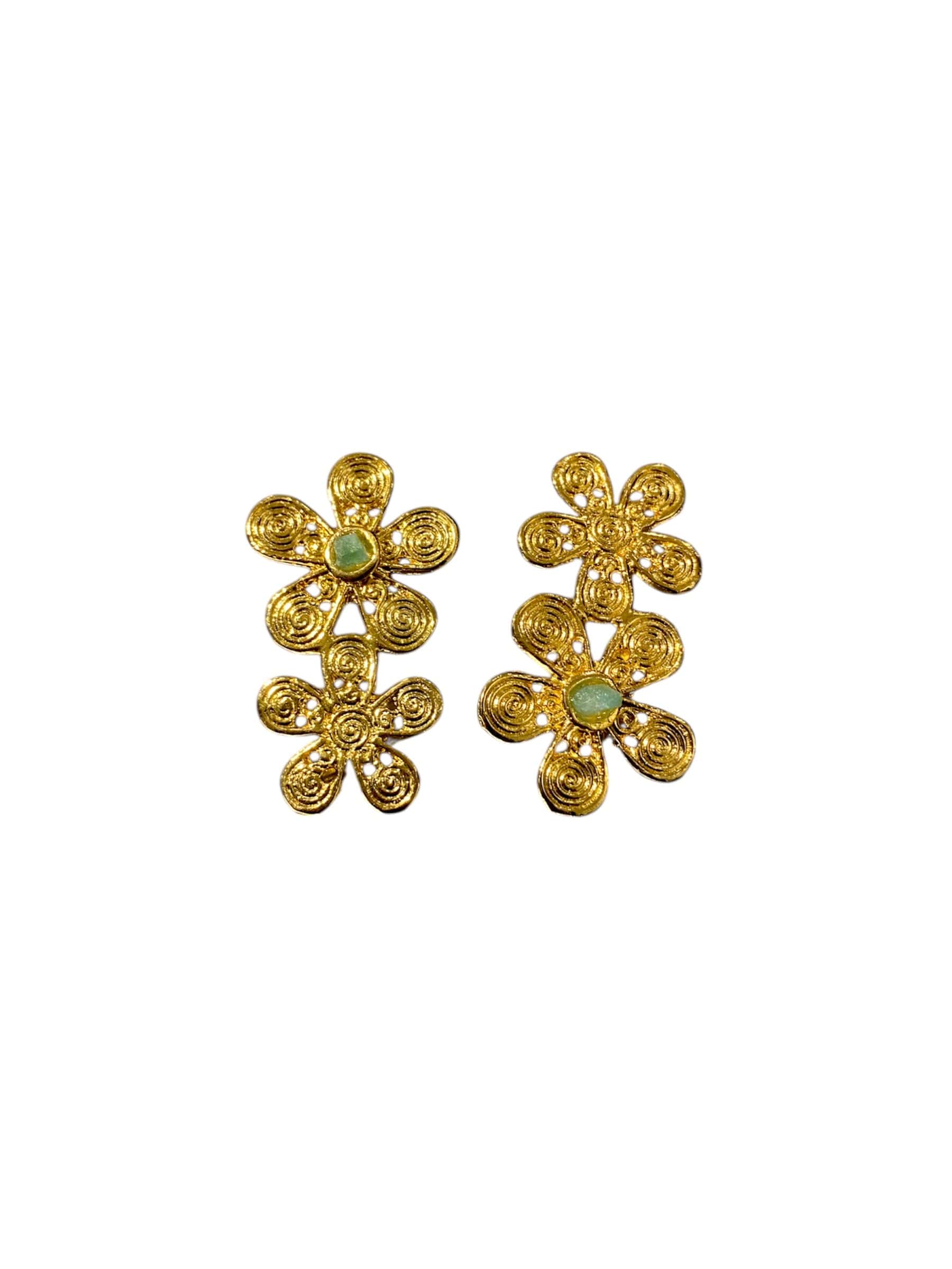 AMAZON DOUBLE FLOWER EMERALD EARRINGS
