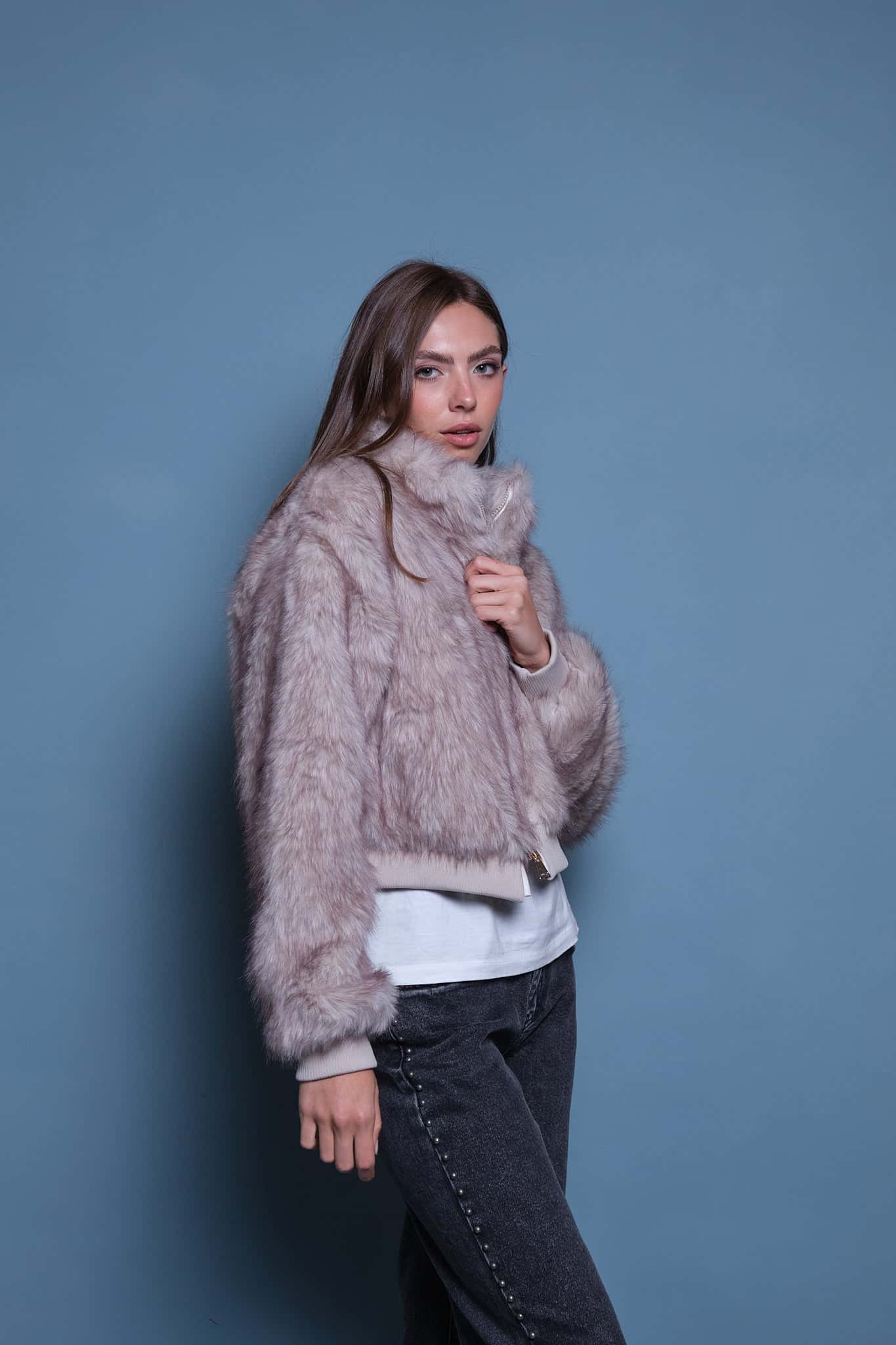 CHAQUETA FAUX FUR BOMBER GRIS HIELO