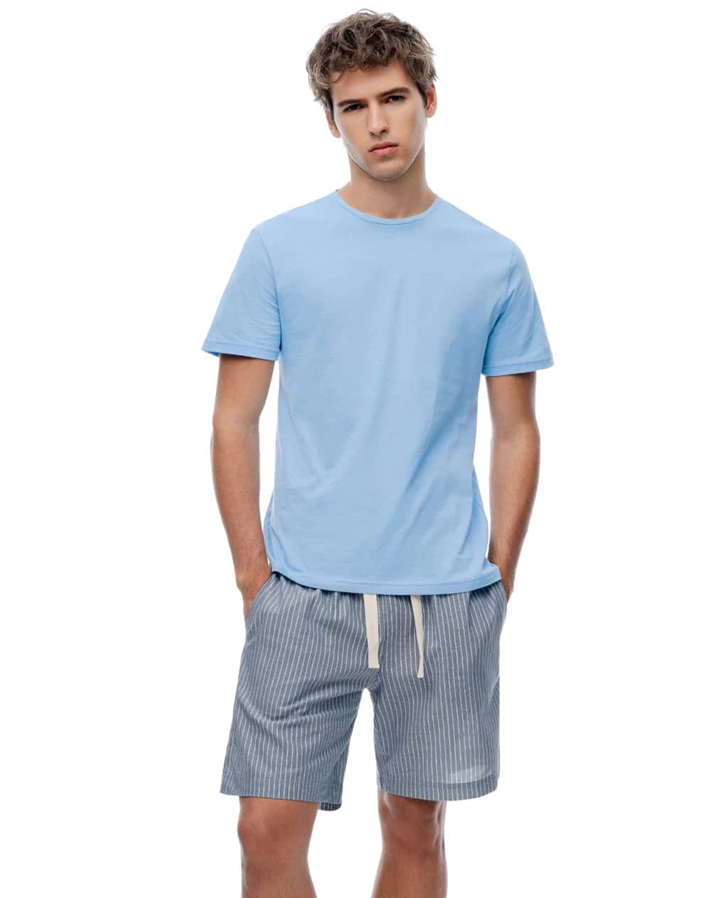 Pijama regular manga corta azul con rayas hombre