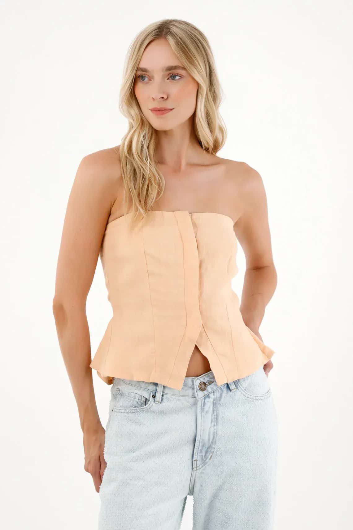 Camisa strapless en 100% lino para mujer