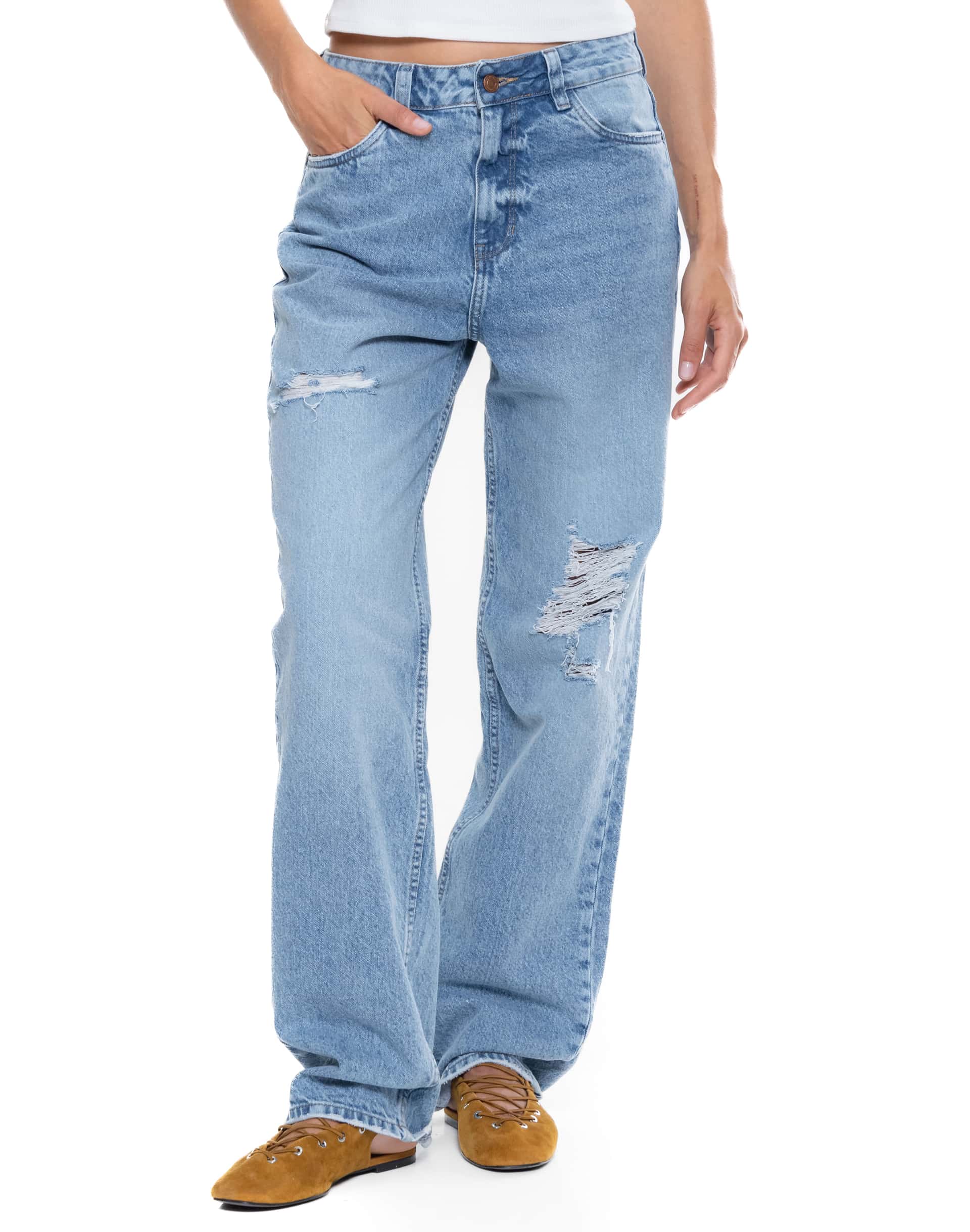 High Waist Straight Fit Jeans Con Rotos