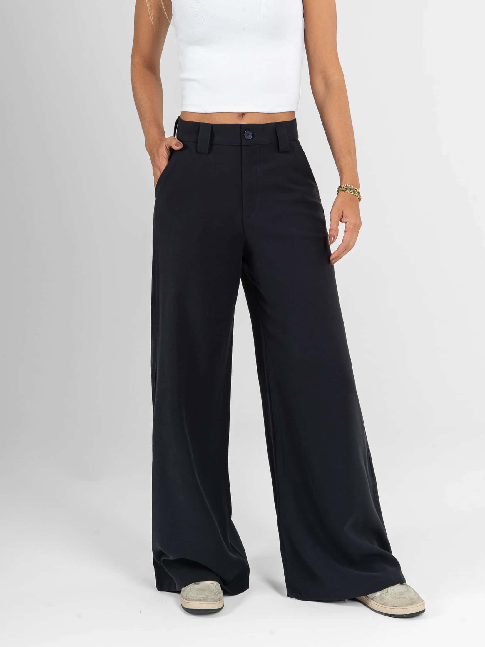 Ref: 0620604 Pantalón palazzo, tejido plano liviano, tiro alto, tono azul oscuro - miniatura 1