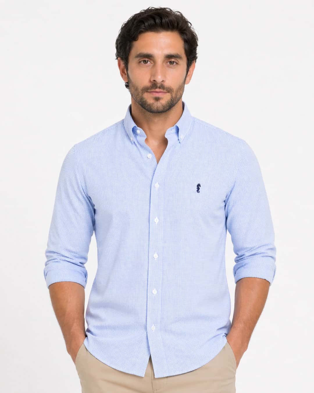 Camisa 100% Algodón Manga Larga Cuadros Azul Claro