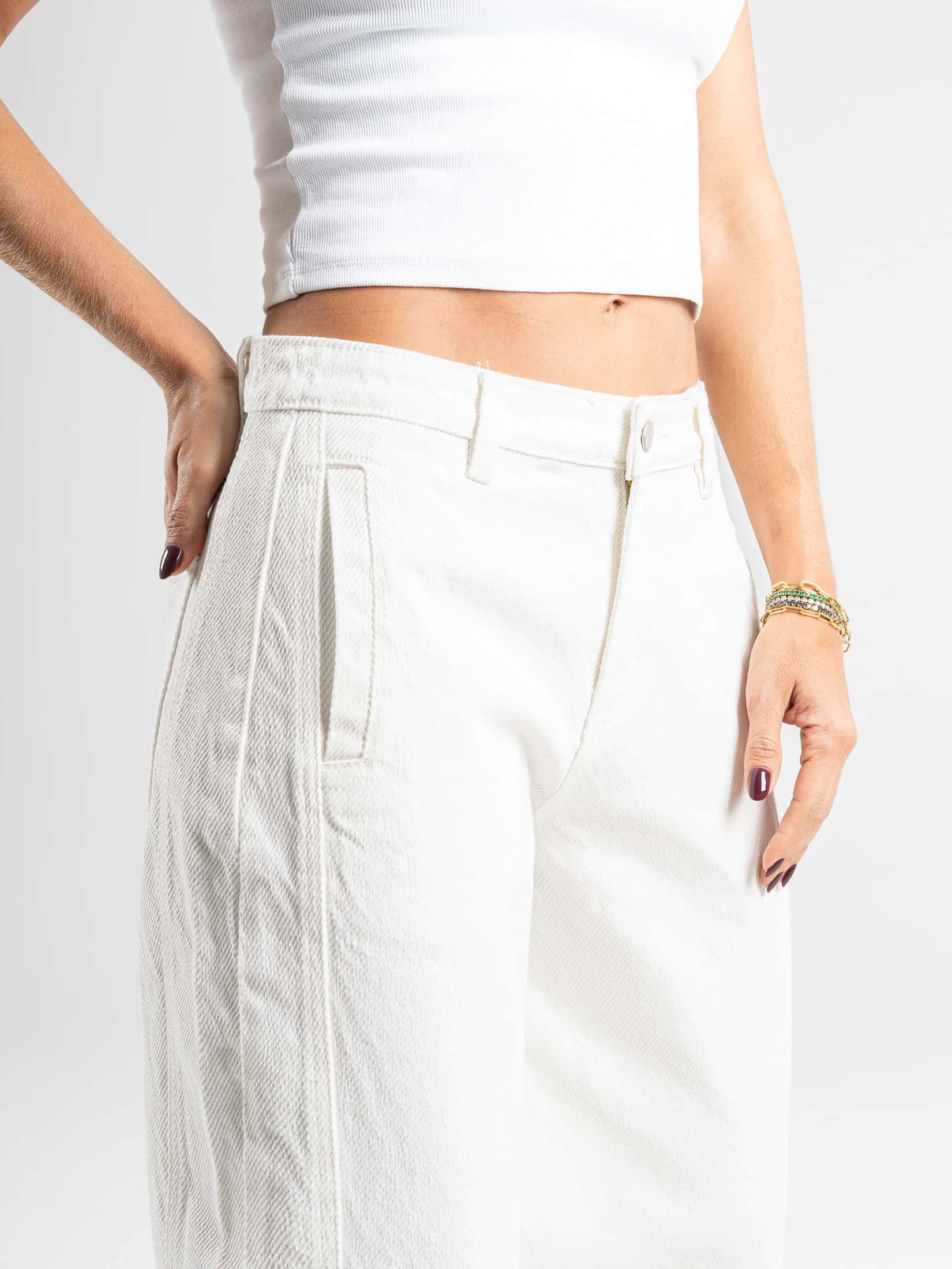Ref: 0620640 Pantalón wide leg, rígido, tiro alto, con cortes, tono ivory - miniatura 5