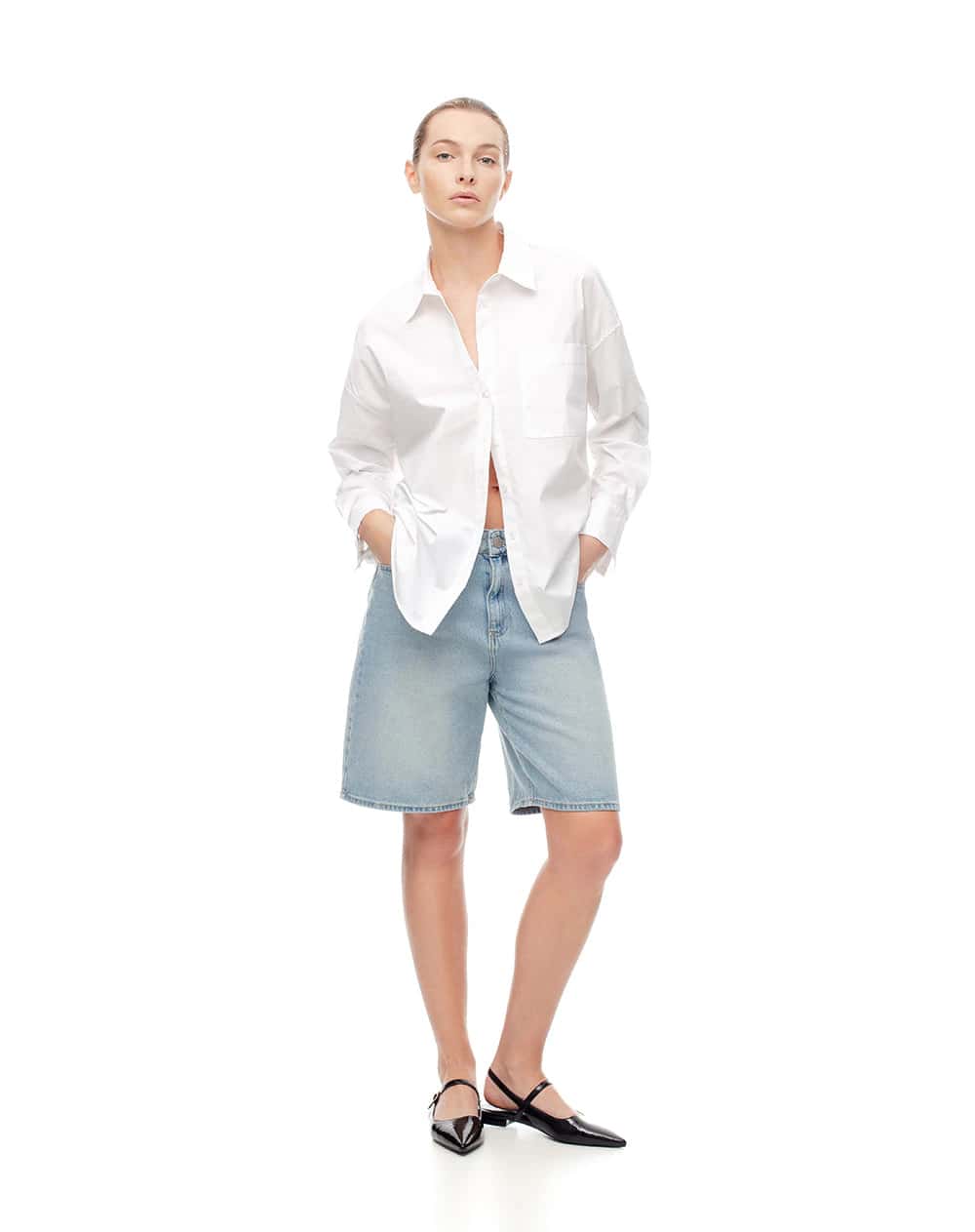 Bermuda denim tiro alto índigo medio mujer