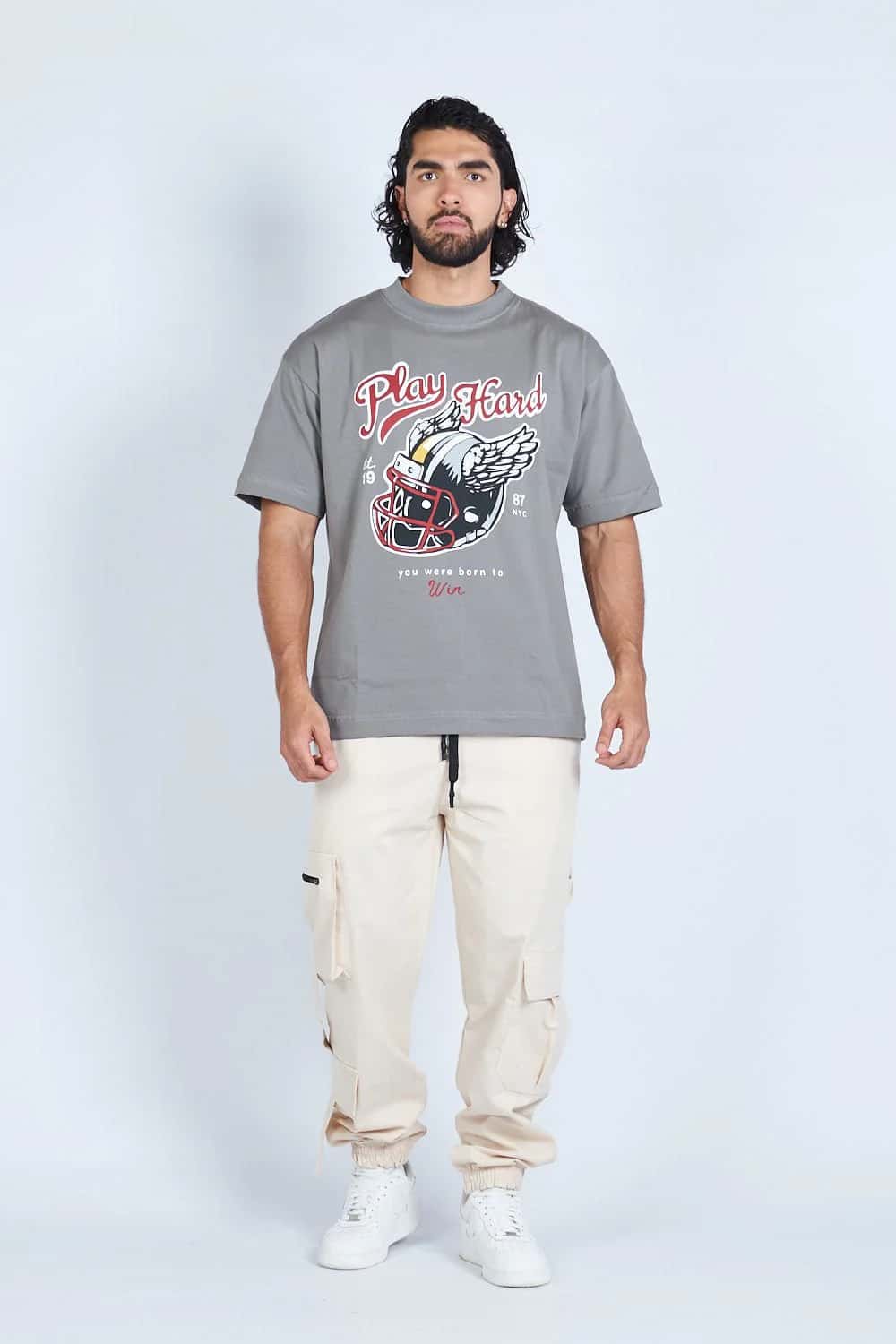 Camiseta oversize PLAY HARD GRIS | DROP 03 |