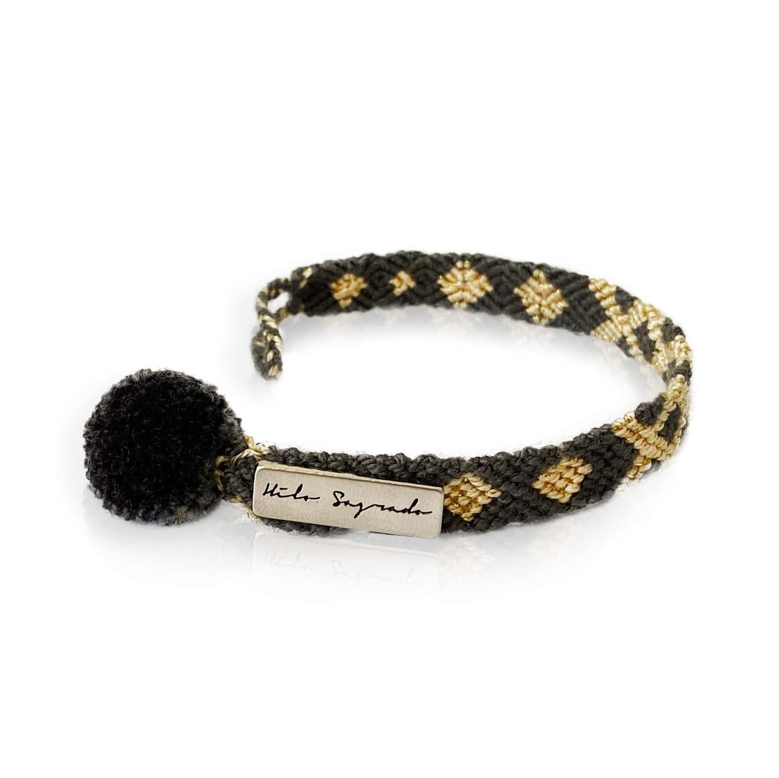 Brazalete Wayuu Brillante Gris/Beige con Pompón