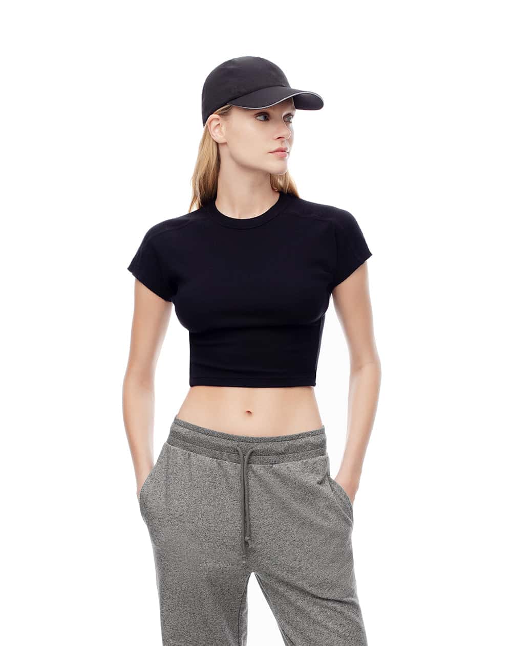 Camiseta crop slim rib algodón negro mujer