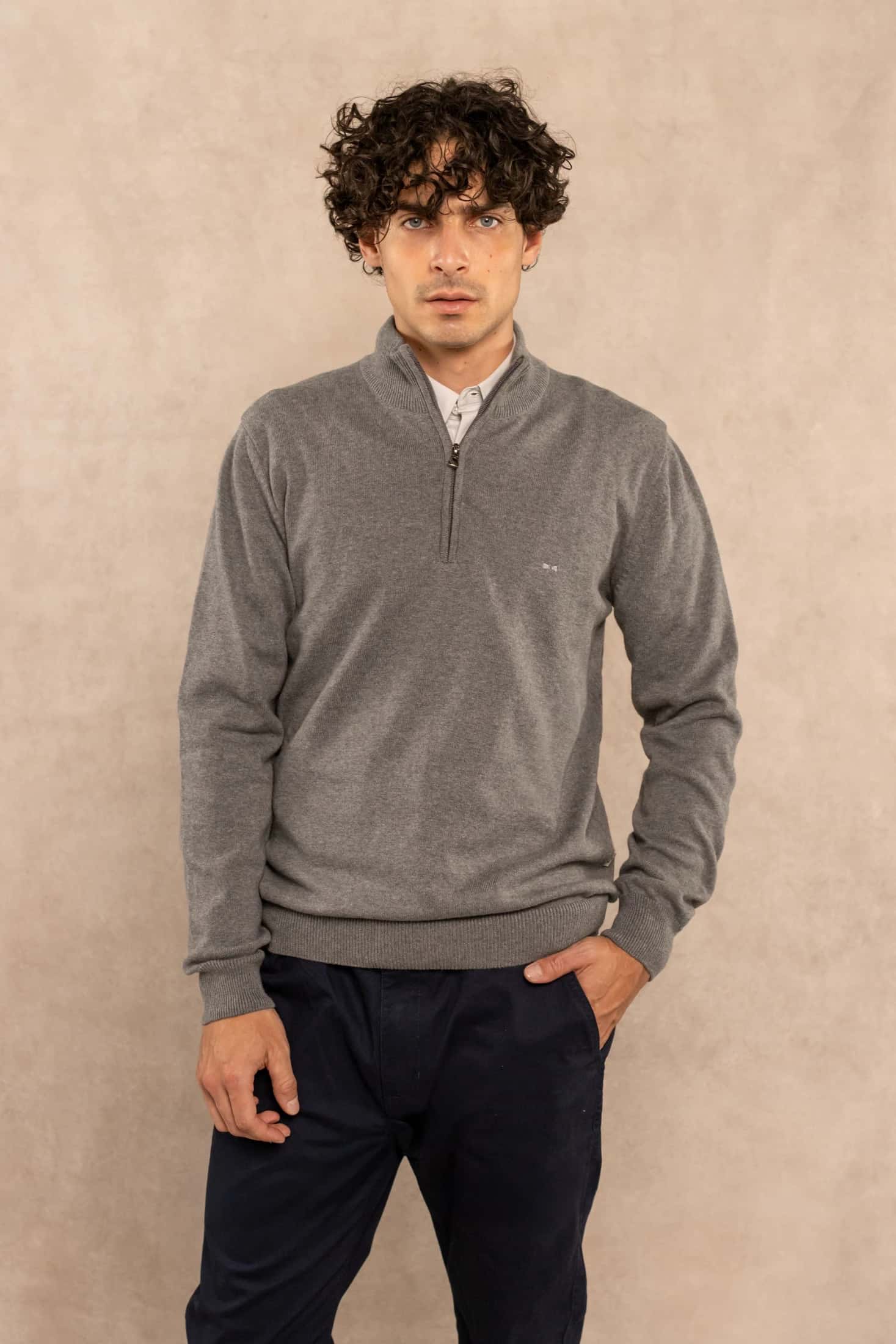Halfzip Algodon Peinado Antiarrugas Gris Medio
