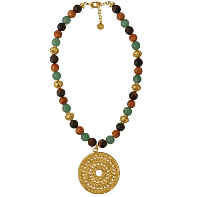 Collar Piedra Semipreciosa Ojo de Tigre, Aventurina, Fossil marrón y Dije Grande Pectoral Solar Muisca