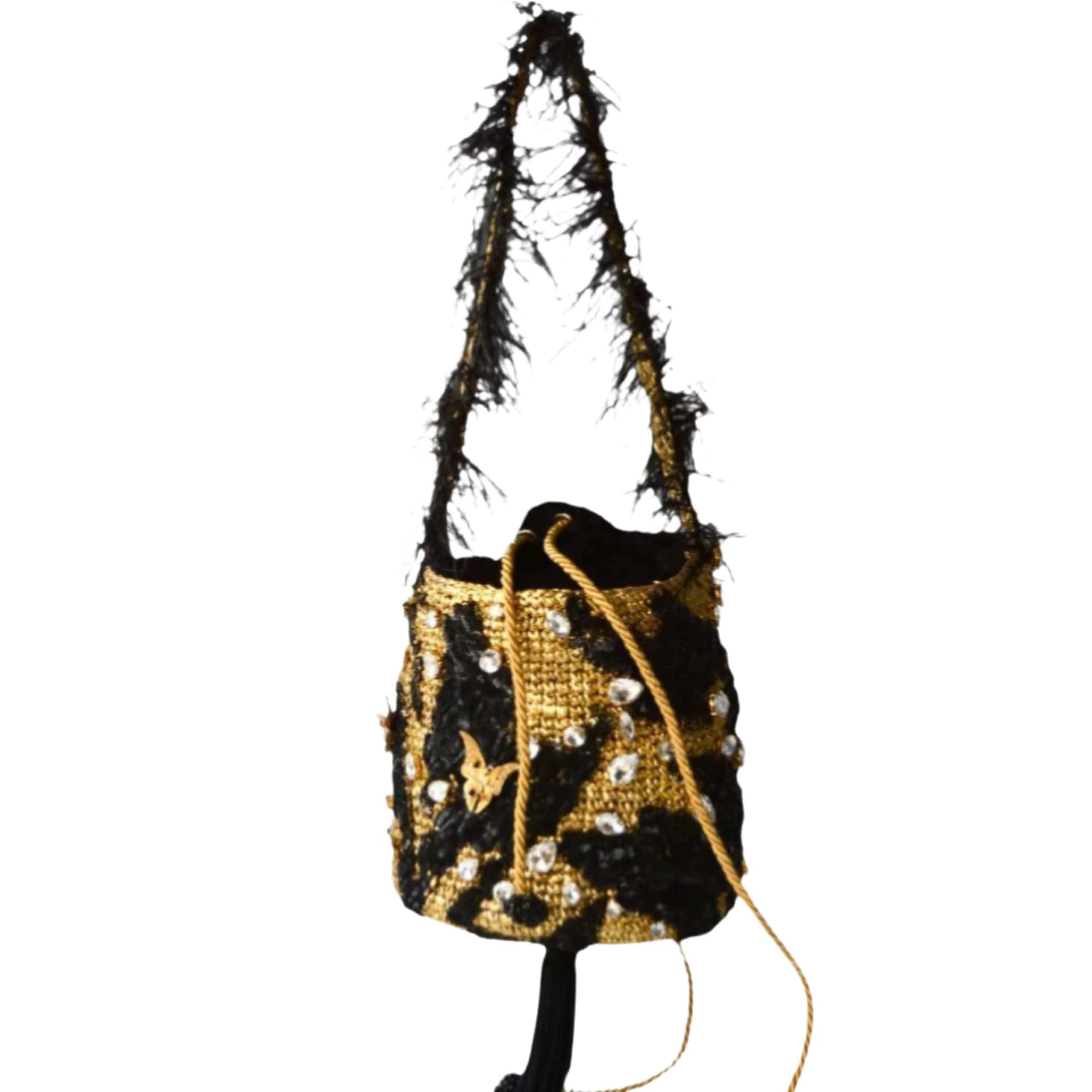 Black & Gold Minaudière Feather Bag