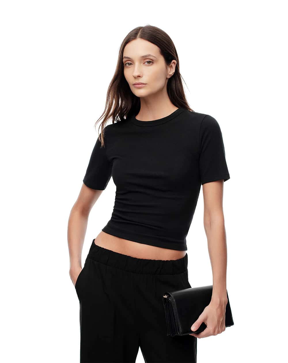 Camiseta slim rib algodón negra mujer