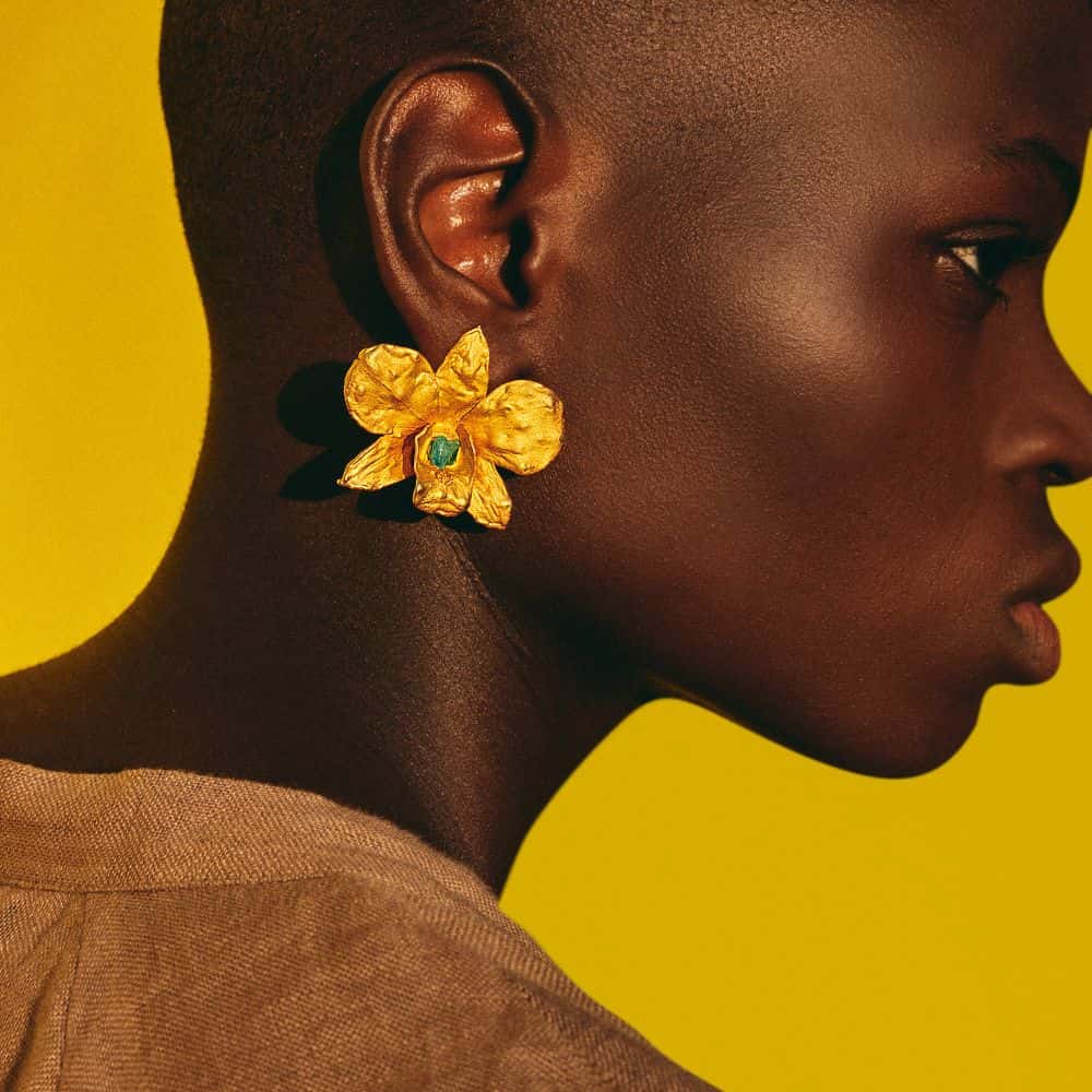 Yellow Dendrobium and Rough Emerald Studs