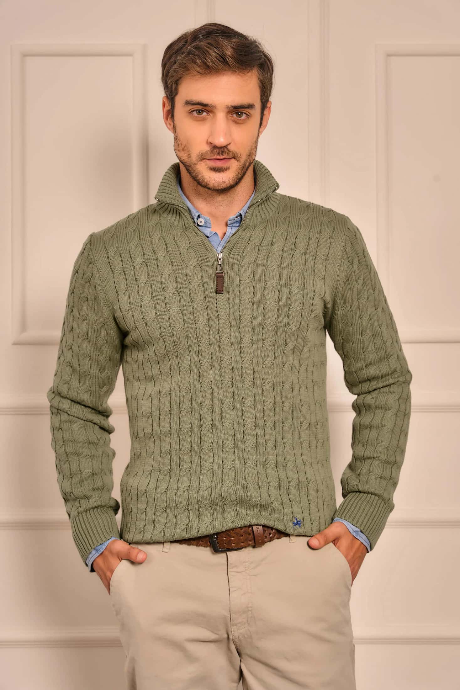 Suéter Halfzip Trenzado Hombre Verde Alamo