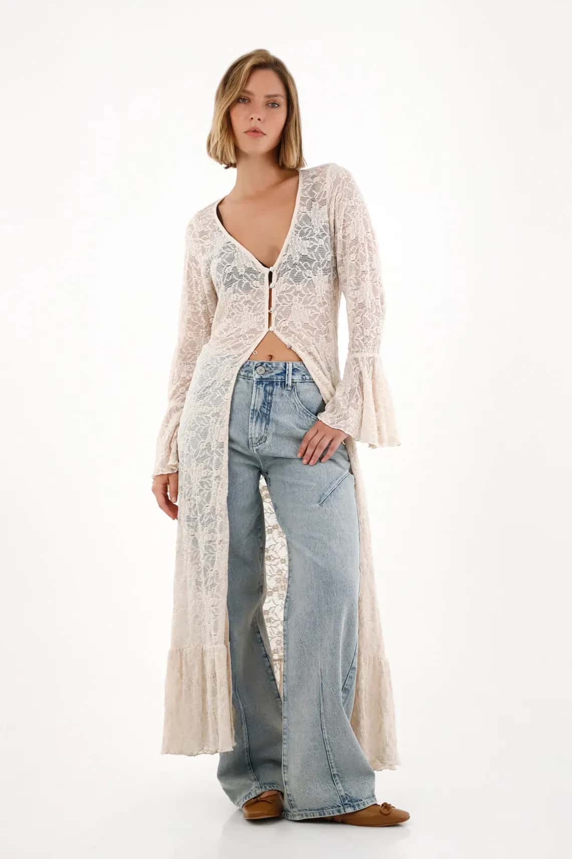Kimono con boleros y tela texturizada crudo para mujer