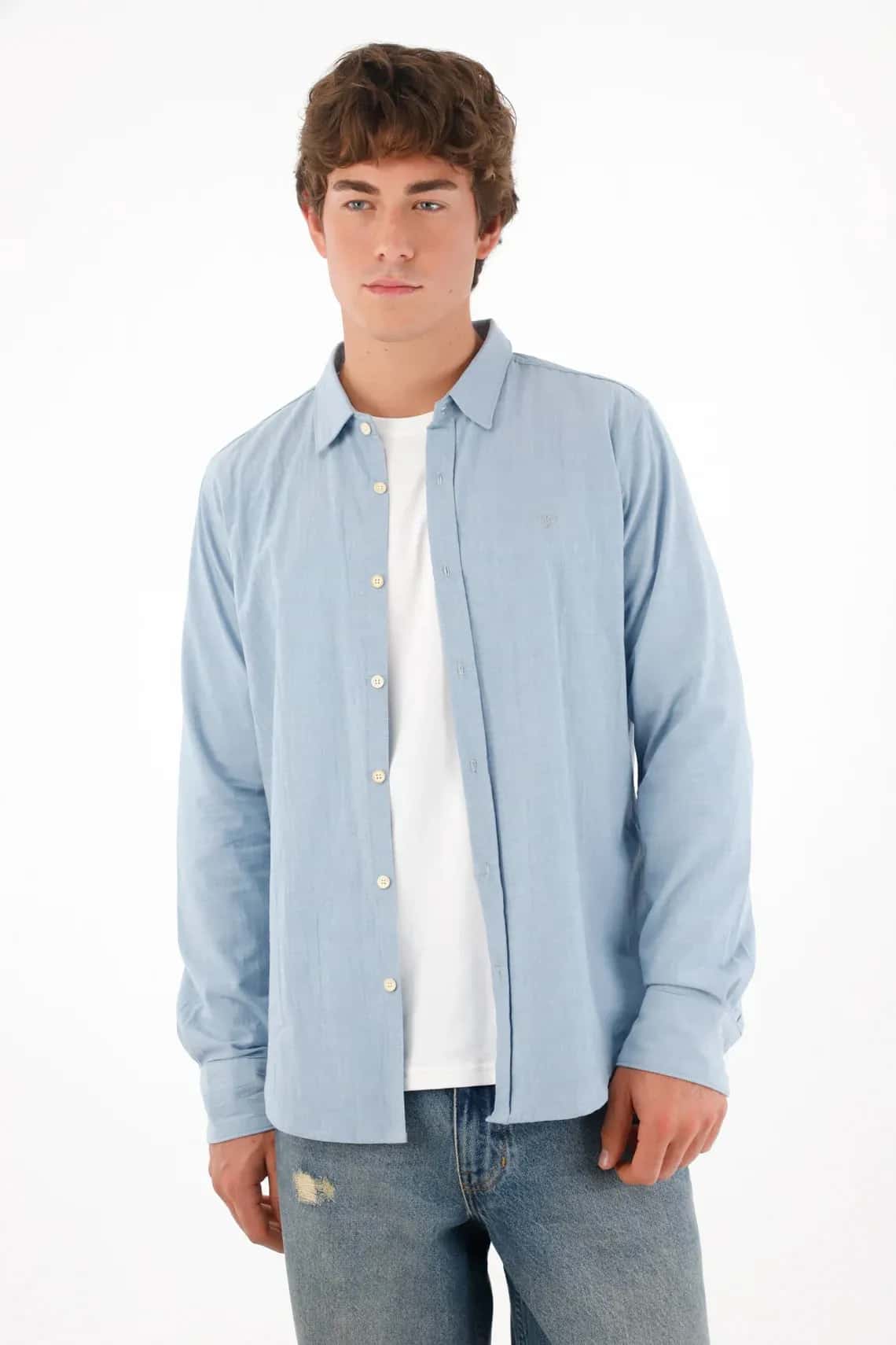 Camisa manga larga con mini print azul para hombre