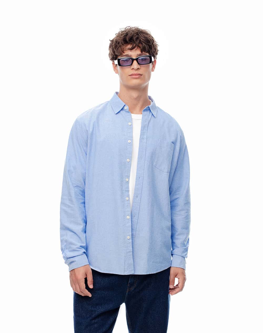 Camisa manga larga slim algodón azul hombre