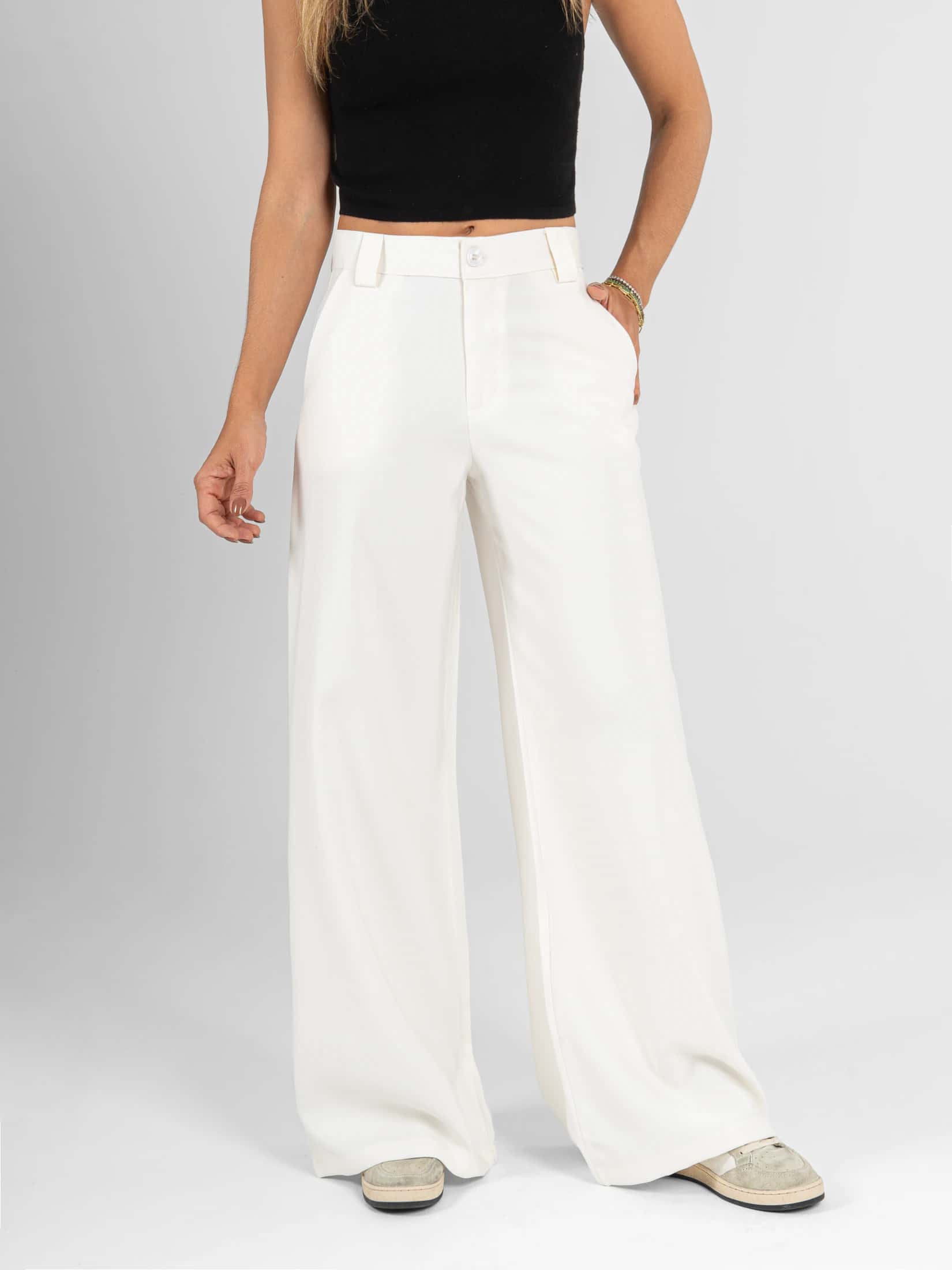 Ref: 0620605 Pantalón palazzo, tejido plano liviano, tiro alto, tono ivory