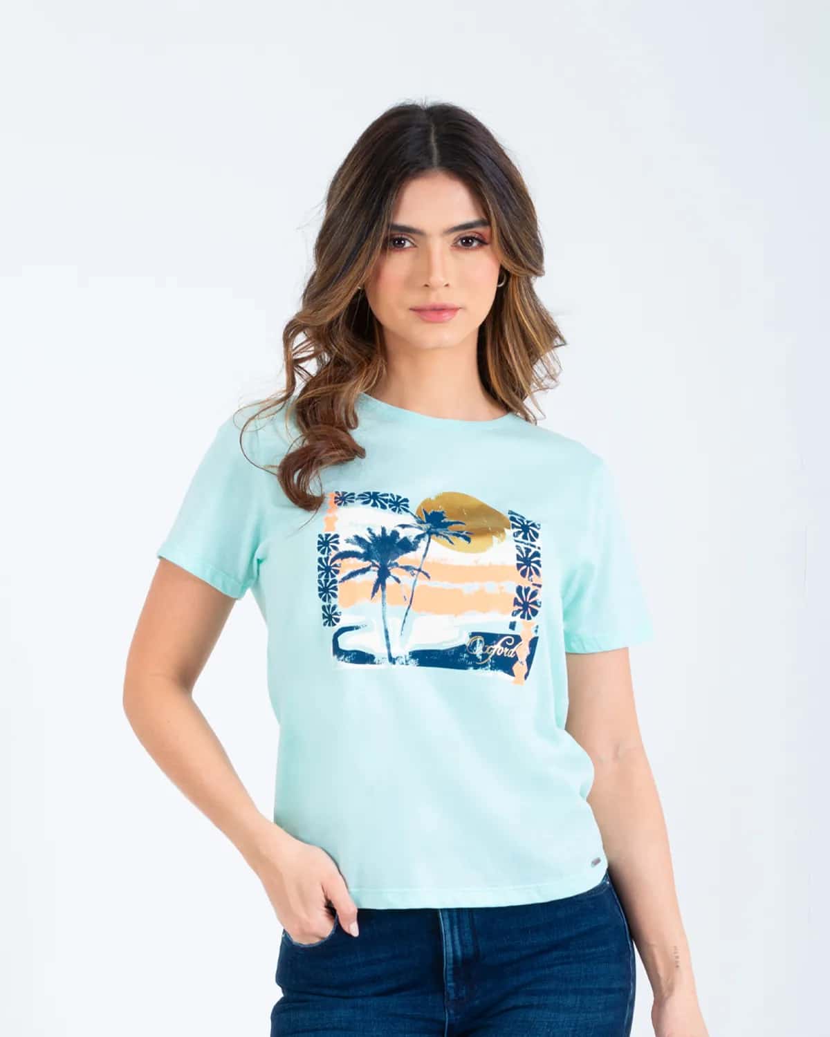 Camiseta azul estampado frontal para mujer
