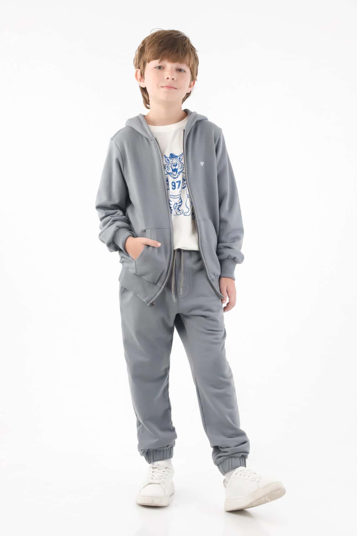 Buzo con capucha para niño de algodón gris regular fit con cierre frontal