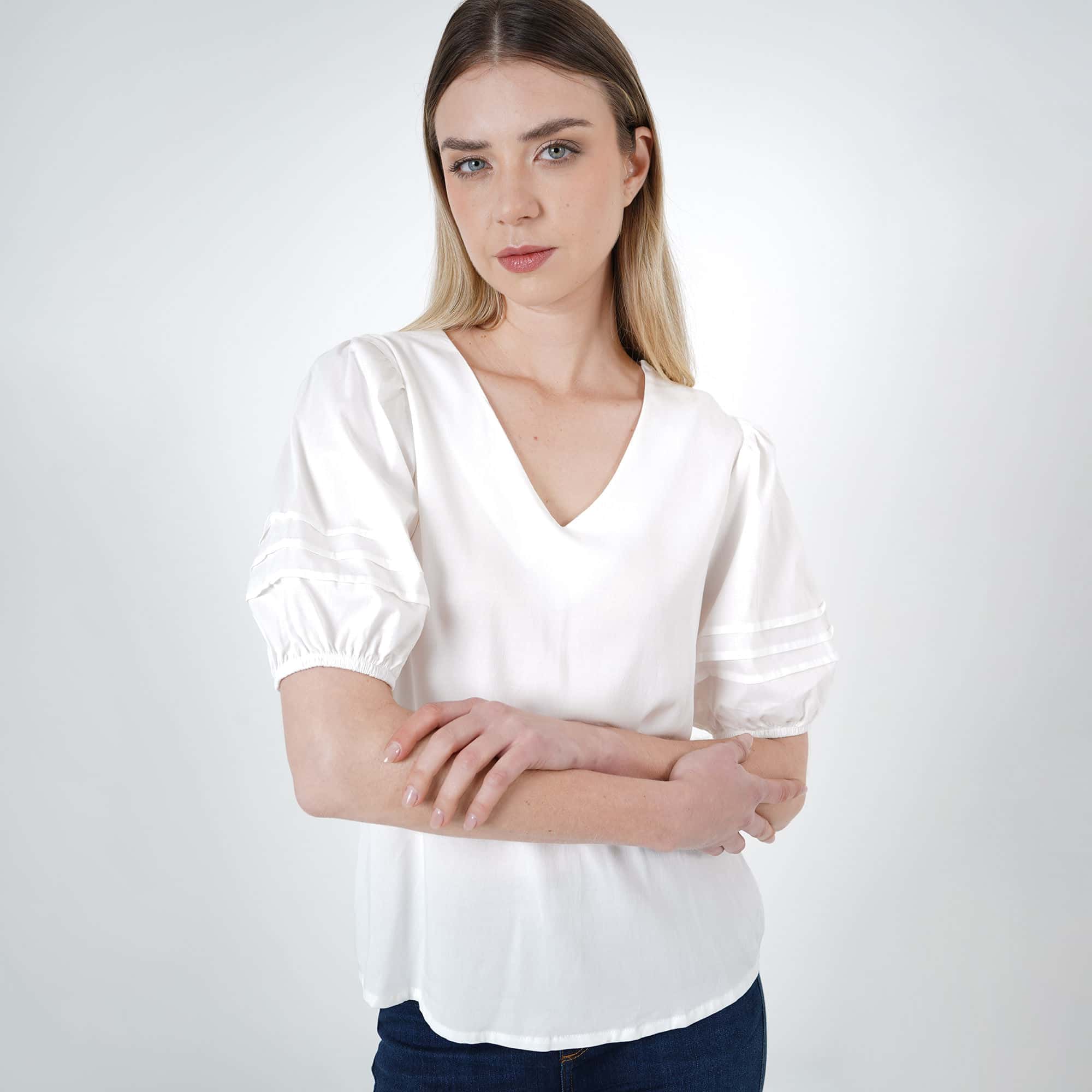 Blusa Cuello V Manga Corta Globo