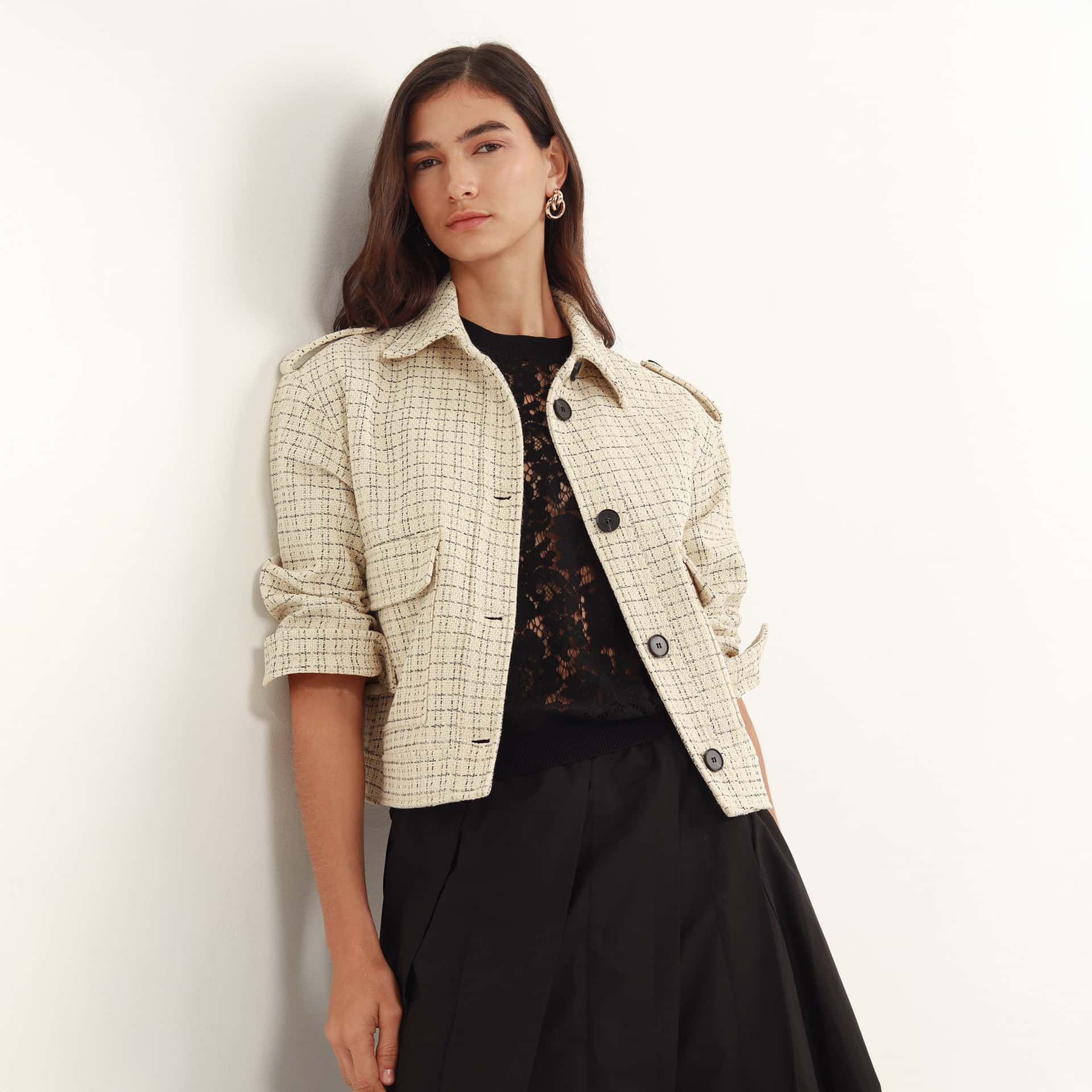 Chaqueta corta paño estampado manga larga