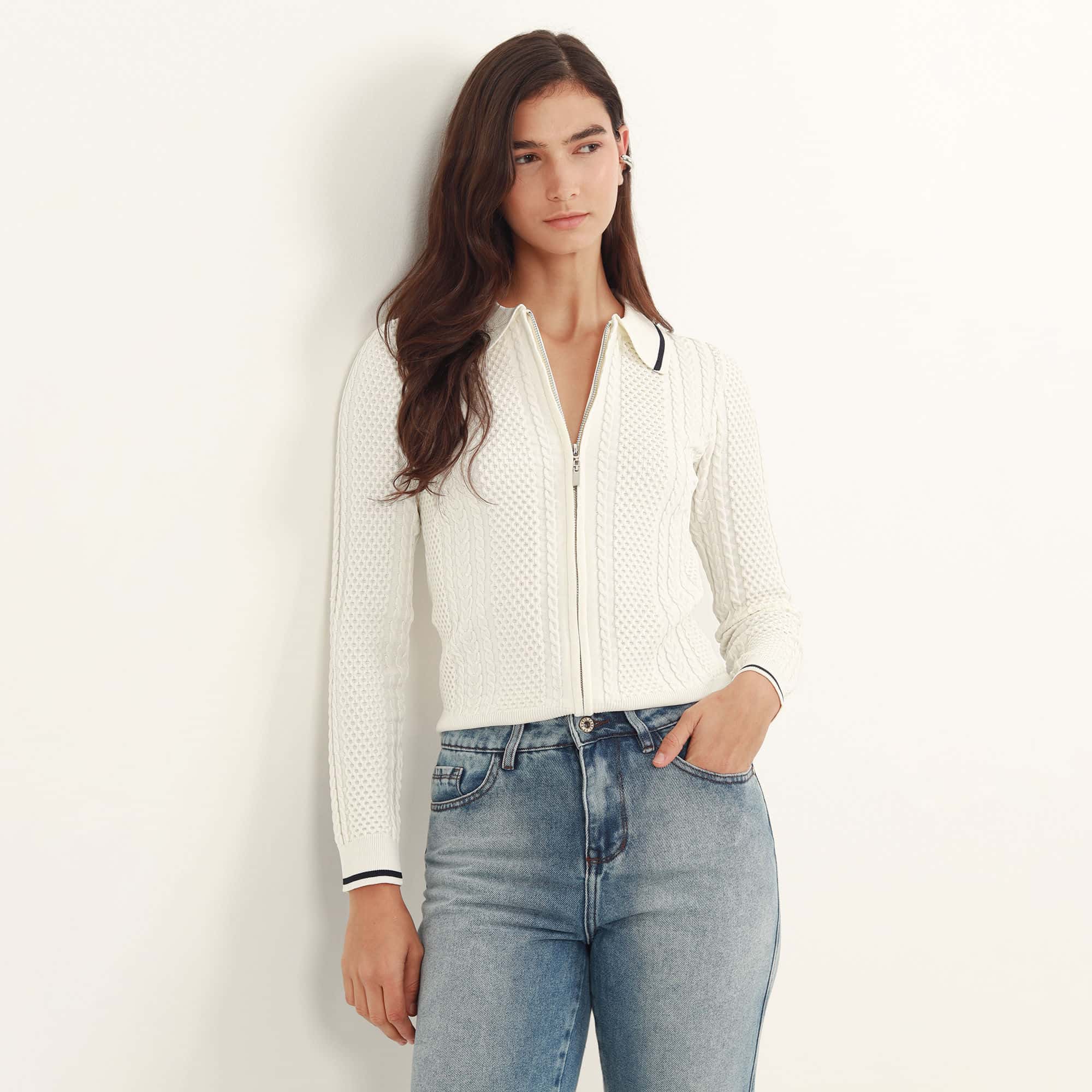 Sweater cardigan deportivo cuello solapa manga larga