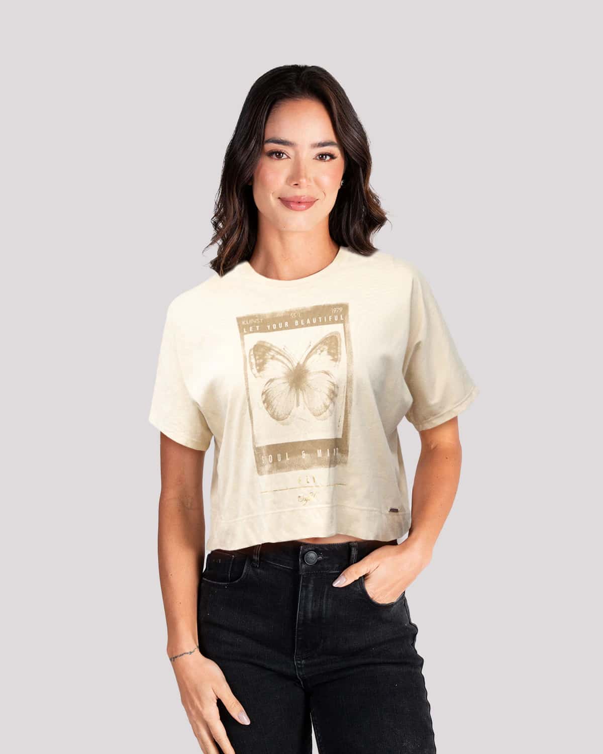Camiseta caqui estampado frontal para mujer